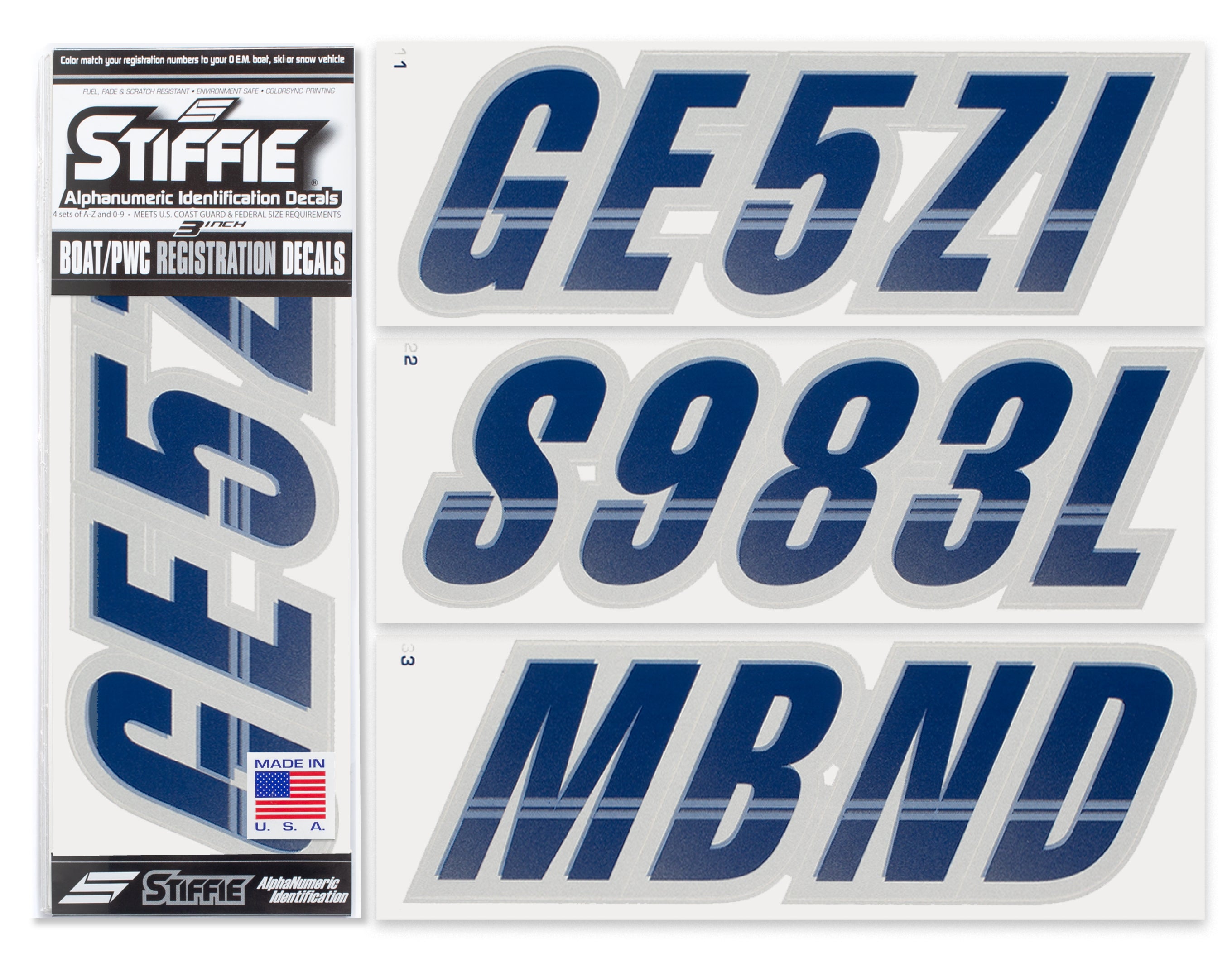 Stiffie Techtron Navy/Silver 3" Alpha-Numeric Registration Identification Numbers Stickers Decals for Boats & Personal Watercraft