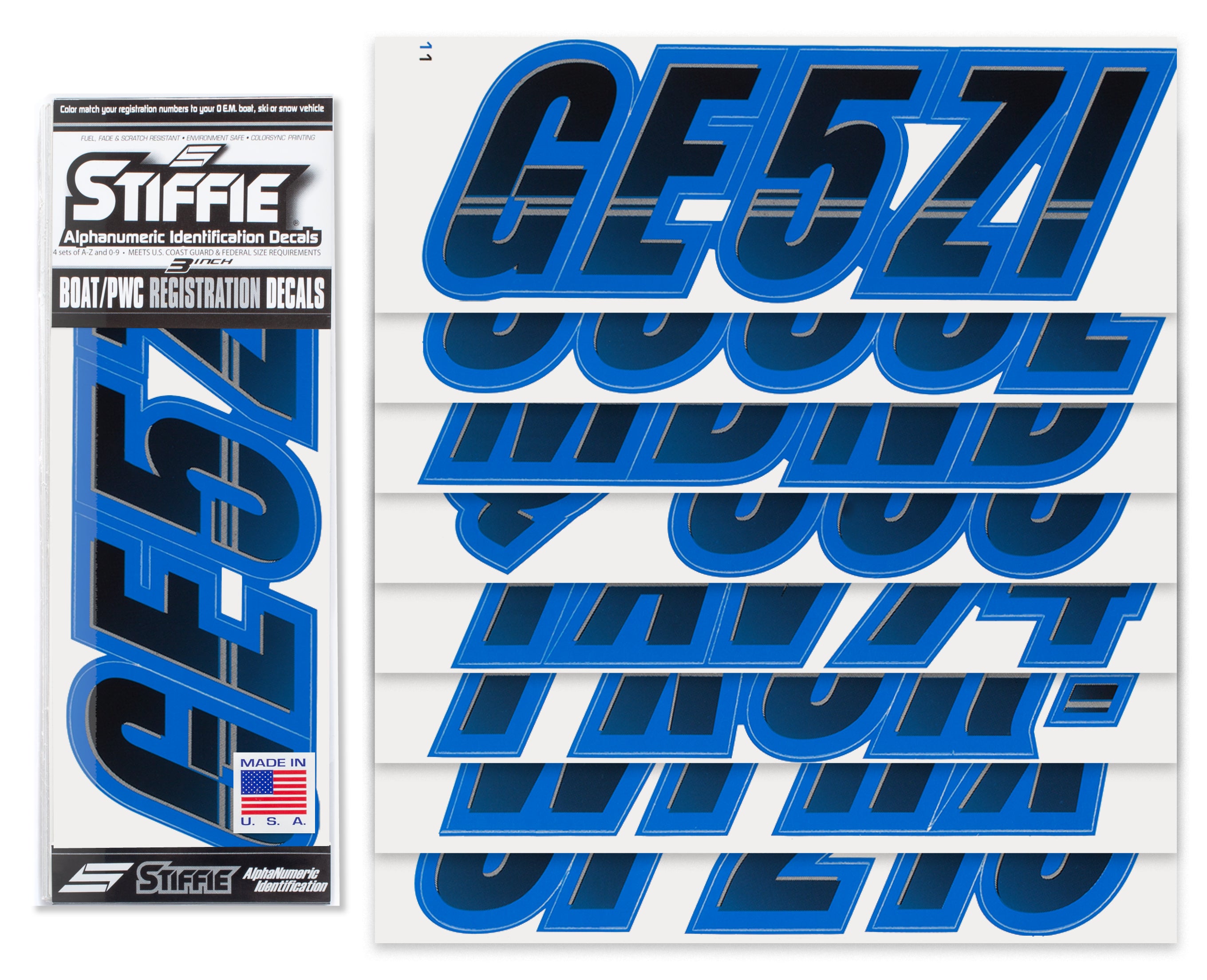 STIFFIE Techtron Black/Octane Blue 3" Alpha-Numeric Registration Identification Numbers Stickers Decals for Boats & Personal Watercraft