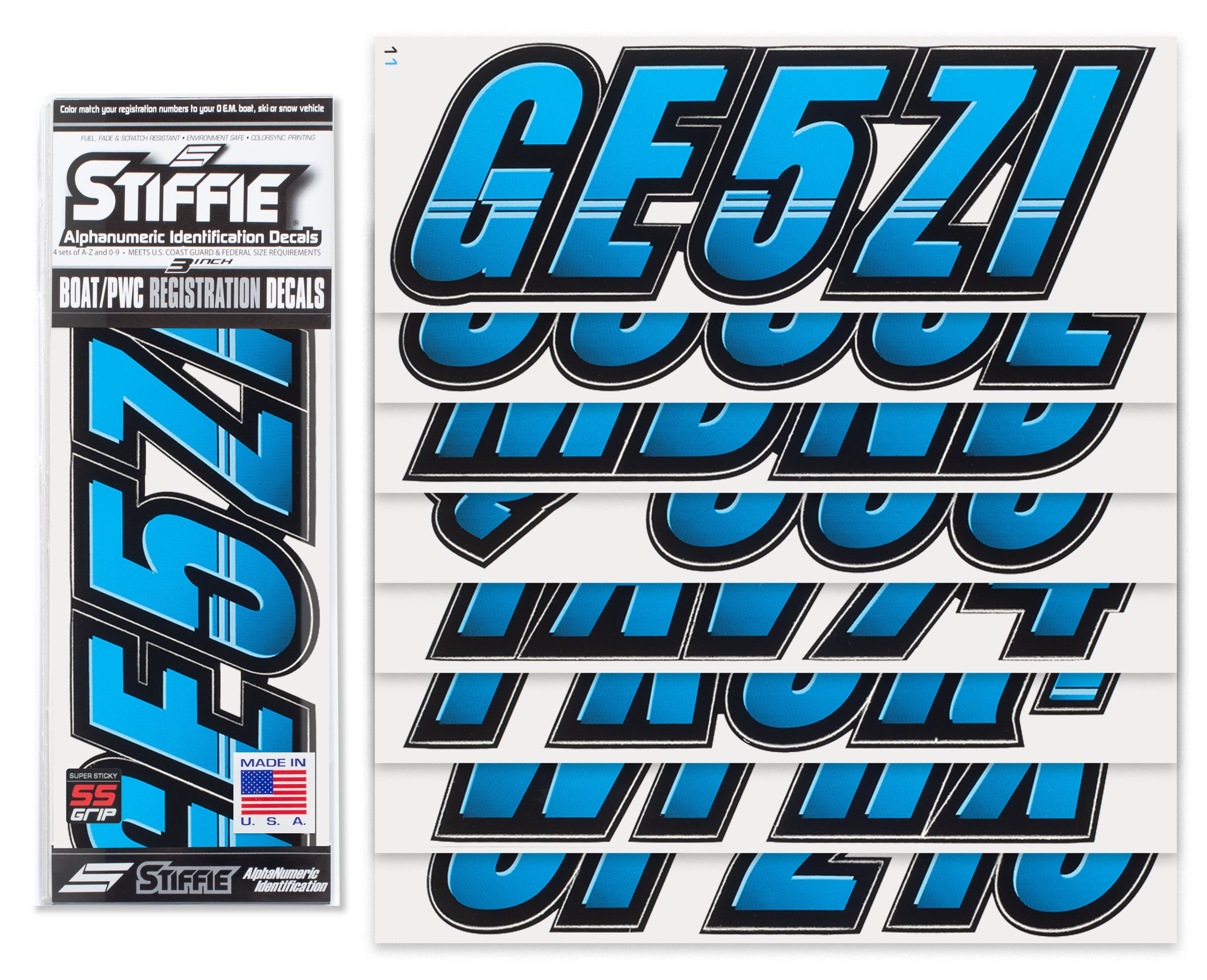 Stiffie Techtron Blueberry Blue/Black Super Sticky 3" Alpha Numeric Registration Identification Numbers Stickers Decals for Sea-Doo Spark, Inflatable Boats, Ribs, Hypalon/PVC, PWC and Boats