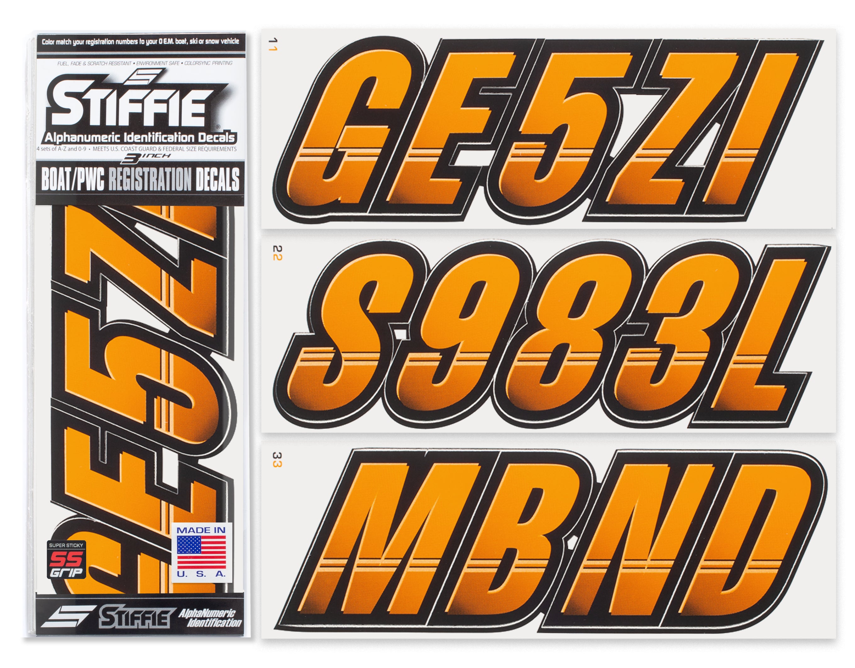 Stiffie Techtron Orange Crush/Black Super Sticky 3" Alpha Numeric Registration Identification Numbers Stickers Decals for Sea-Doo Spark, Inflatable Boats, Ribs, Hypalon/PVC, PWC and Boats