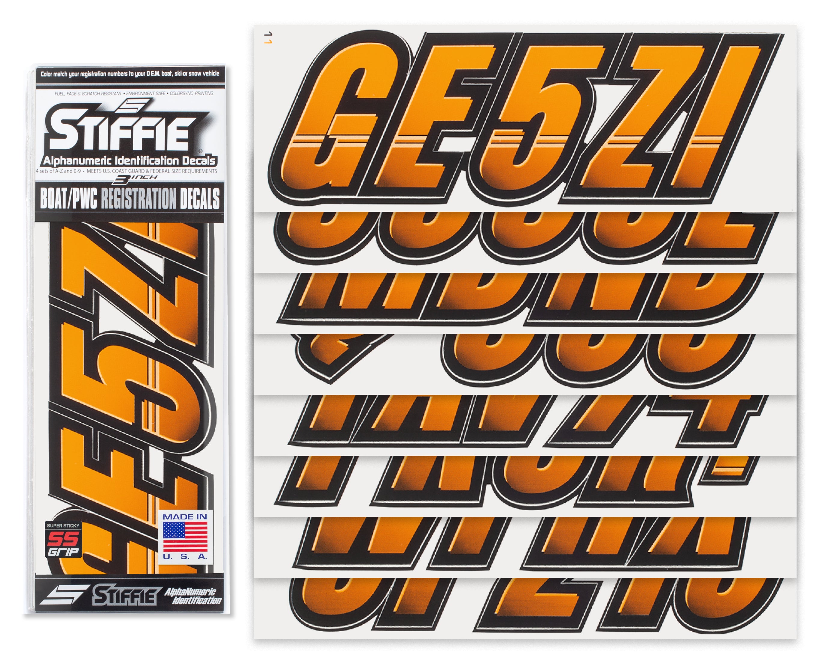 Stiffie Techtron Orange Crush/Black Super Sticky 3" Alpha Numeric Registration Identification Numbers Stickers Decals for Sea-Doo Spark, Inflatable Boats, Ribs, Hypalon/PVC, PWC and Boats
