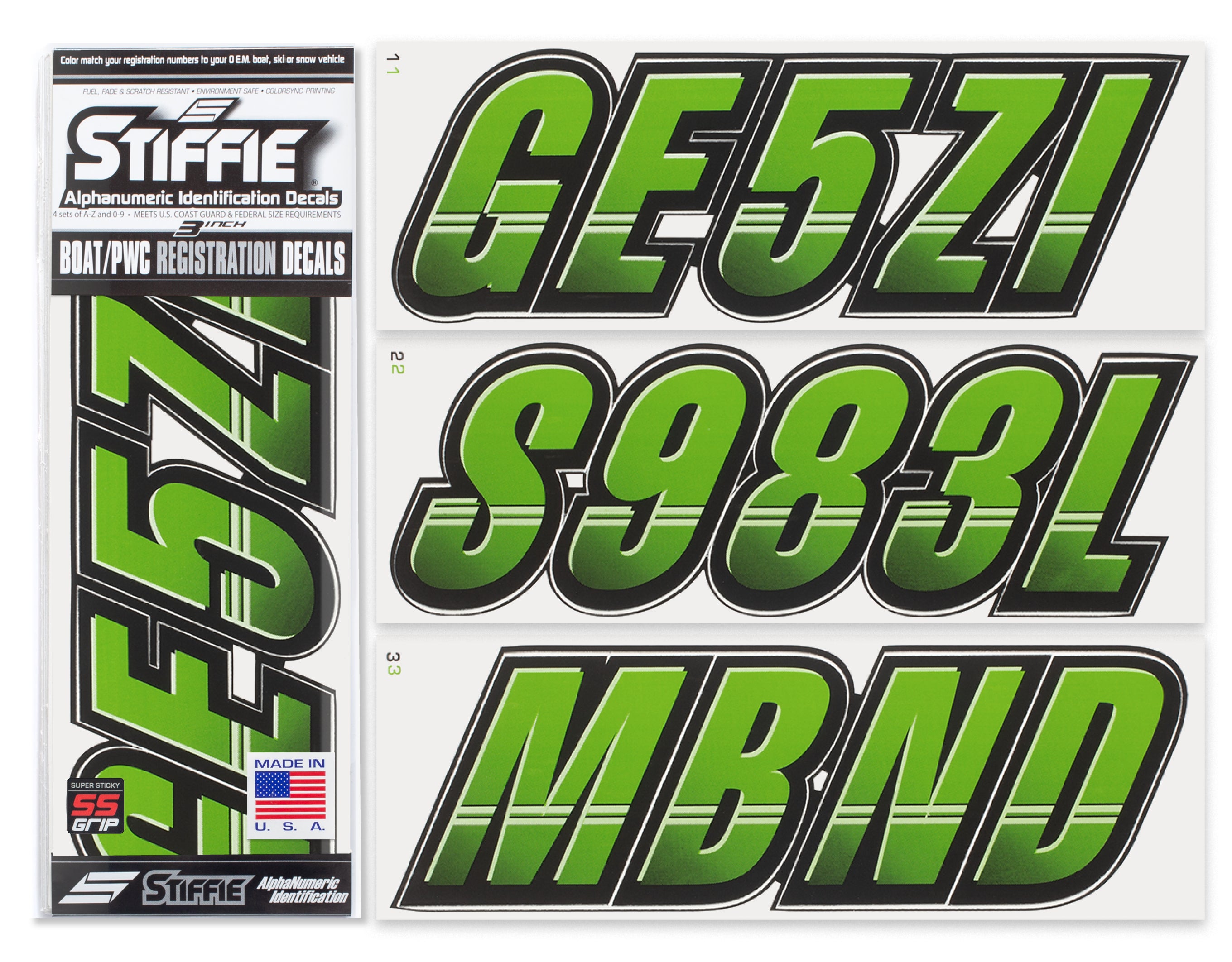 STIFFIE Techtron Team Green/Black Super Sticky 3" Alpha Numeric Registration Identification Numbers Stickers Decals for Sea-Doo Spark, Inflatable Boats, Ribs, Hypalon/PVC, PWC and Boats