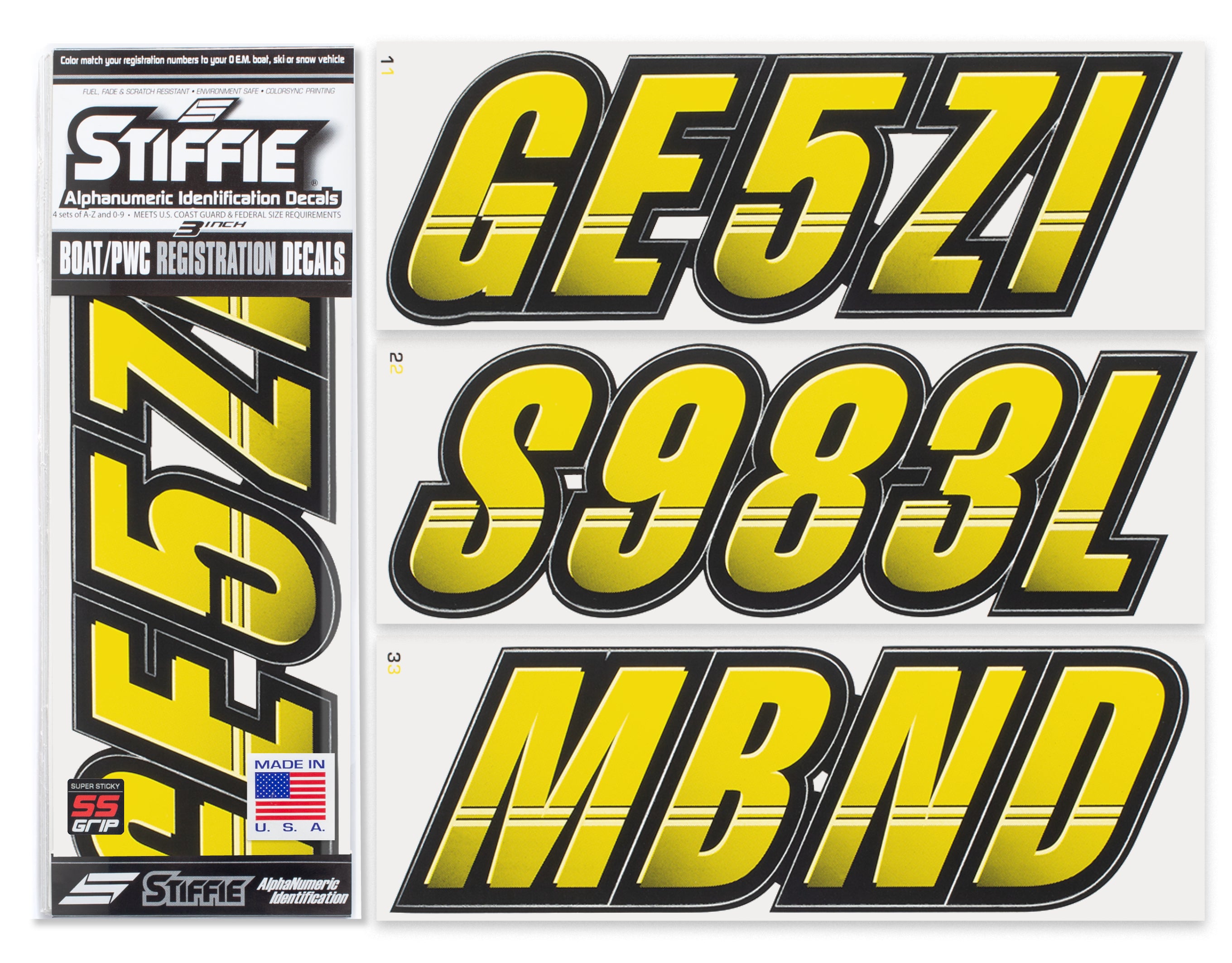 STIFFIE Techtron Yellow Crush/Black Super Sticky 3" Alpha Numeric Registration Identification Numbers Stickers Decals for Sea-Doo Spark, Inflatable Boats, Ribs, Hypalon/PVC, PWC and Boats