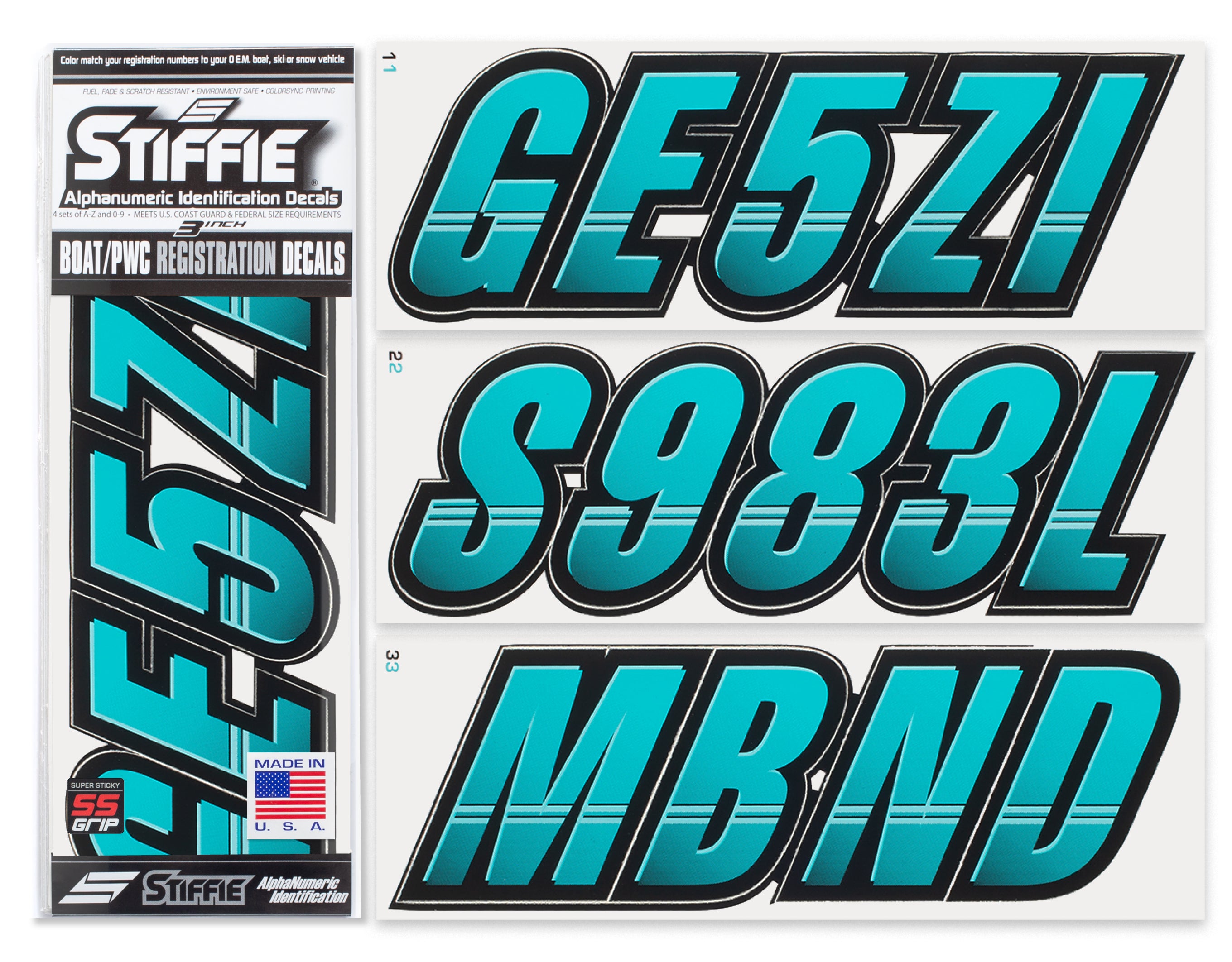 Stiffie Techtron Candy Blue/Black Super Sticky 3" Alpha Numeric Registration Identification Numbers Stickers Decals for Sea-Doo Spark, Inflatable Boats, Ribs, Hypalon/PVC, PWC and Boats