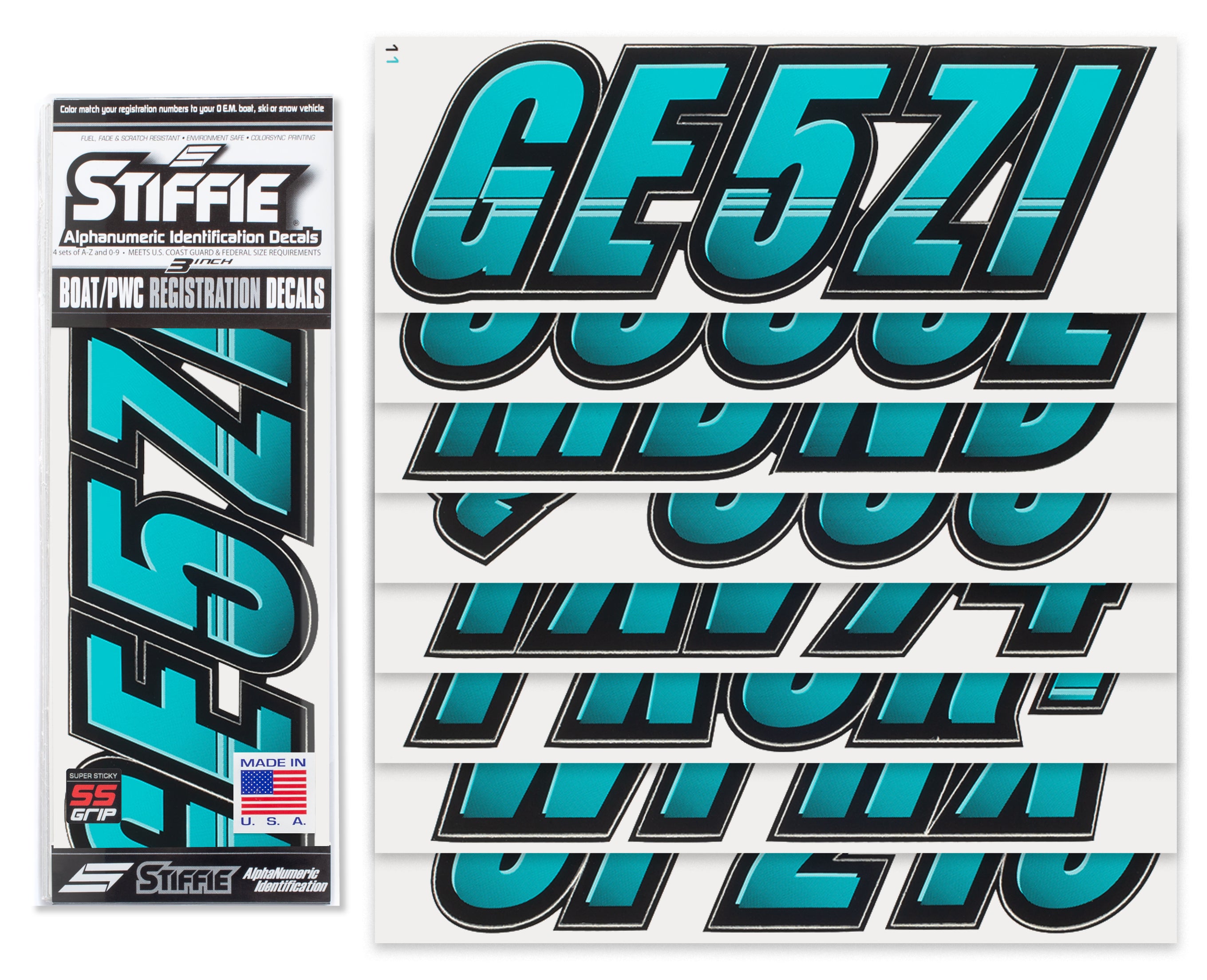 Stiffie Techtron Candy Blue/Black Super Sticky 3" Alpha Numeric Registration Identification Numbers Stickers Decals for Sea-Doo Spark, Inflatable Boats, Ribs, Hypalon/PVC, PWC and Boats