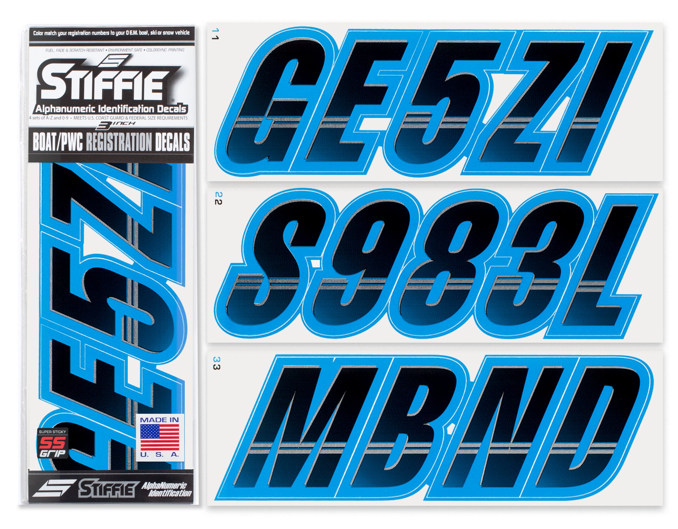Stiffie Techtron Black/Blueberry Blue Super Sticky 3" Alpha Numeric Registration Identification Numbers Stickers Decals for Sea-Doo Spark, Inflatable Boats, Ribs, Hypalon/PVC, PWC and Boats