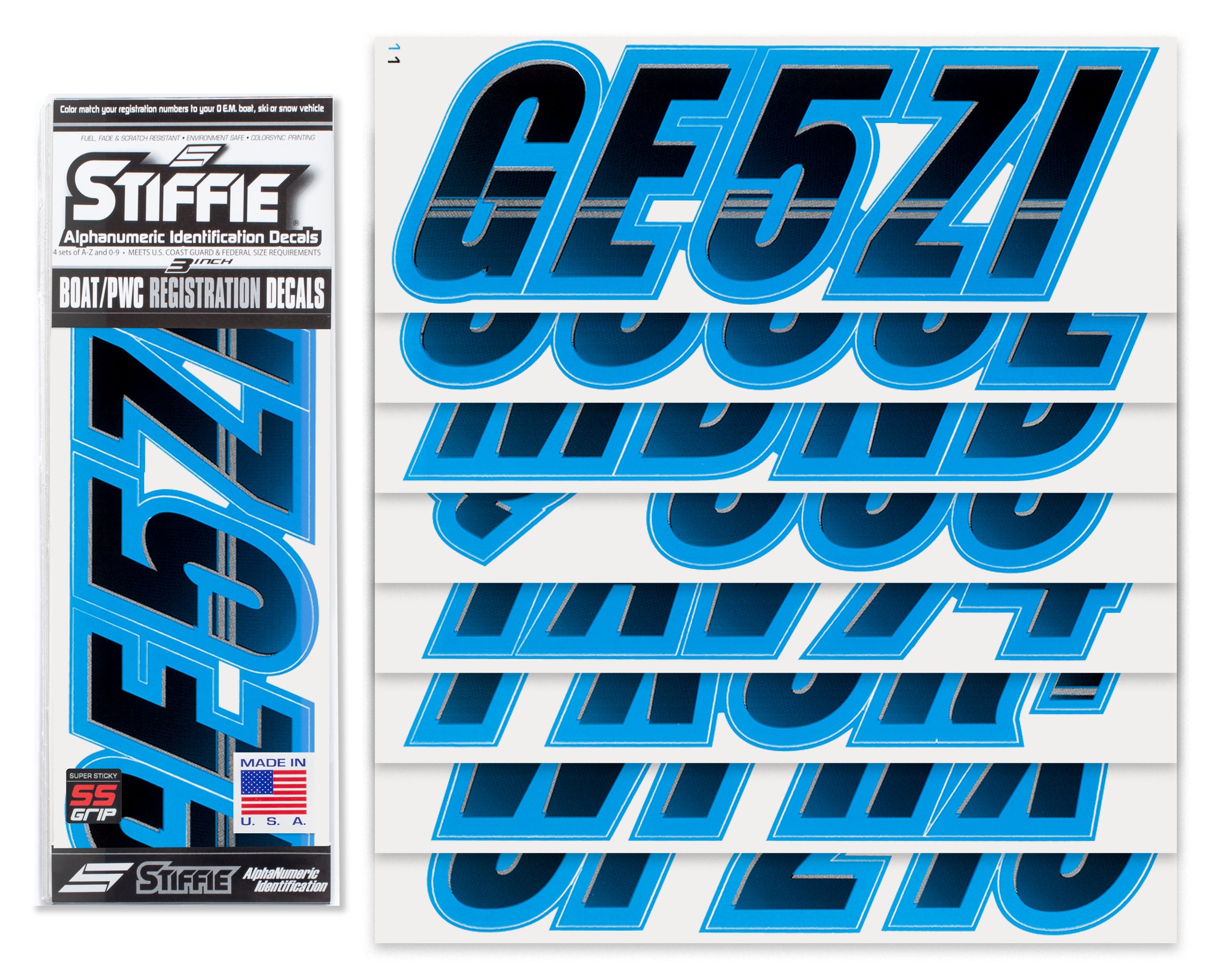 Stiffie Techtron Black/Blueberry Blue Super Sticky 3" Alpha Numeric Registration Identification Numbers Stickers Decals for Sea-Doo Spark, Inflatable Boats, Ribs, Hypalon/PVC, PWC and Boats