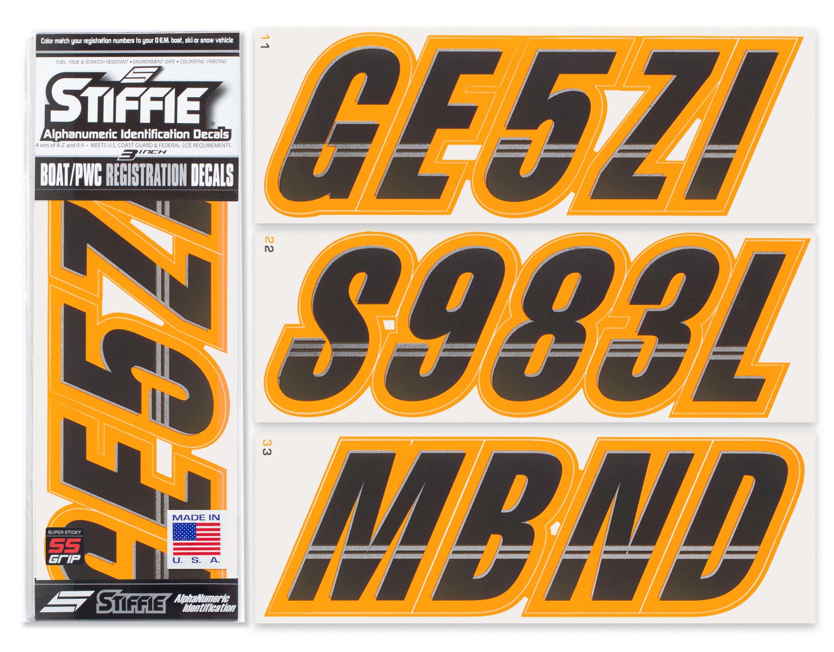 Stiffie Techtron Black/Orange Crush Super Sticky 3" Alpha Numeric Registration Identification Numbers Stickers Decals for Sea-Doo Spark, Inflatable Boats, Ribs, Hypalon/PVC, PWC and Boats