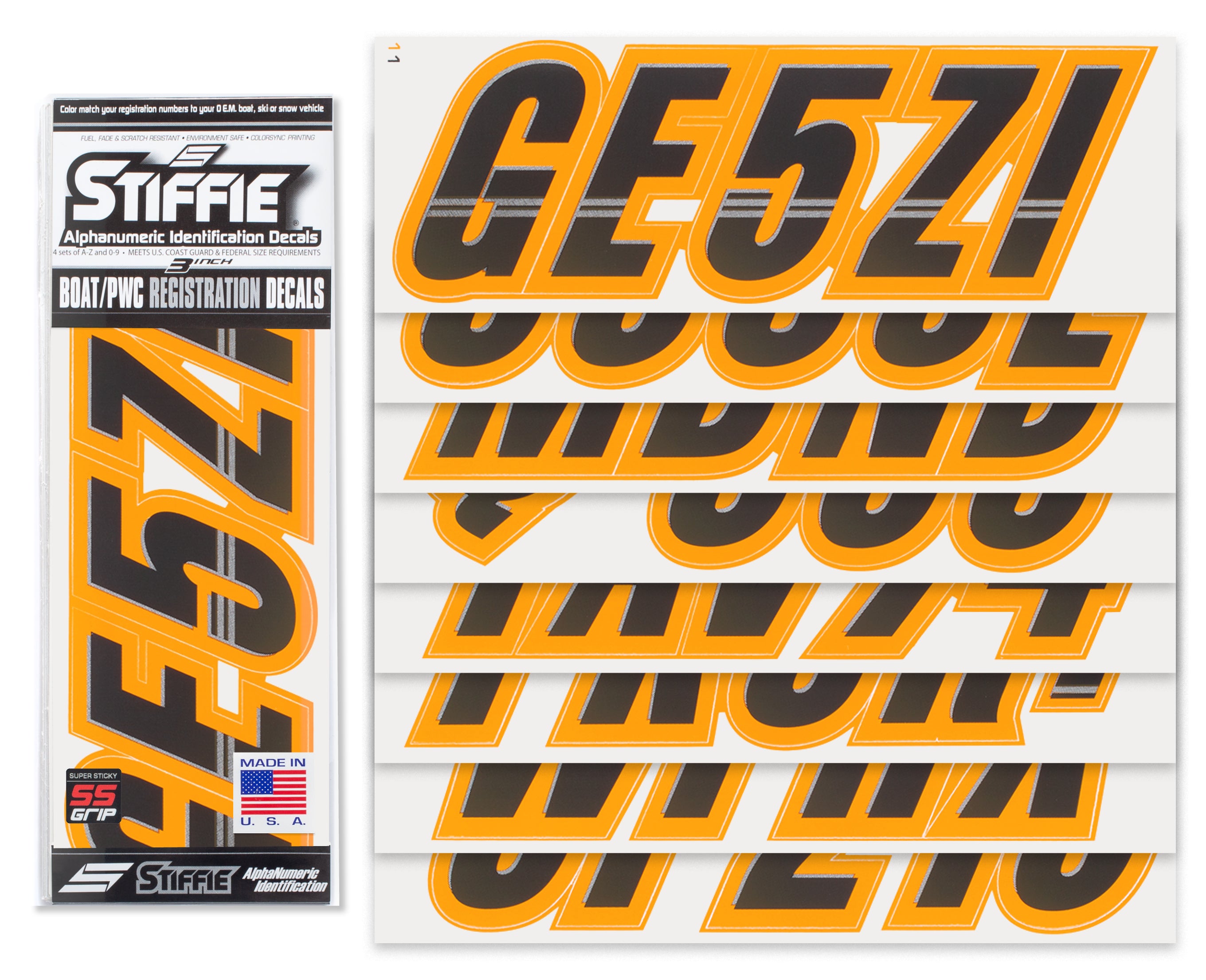 Stiffie Techtron Black/Orange Crush Super Sticky 3" Alpha Numeric Registration Identification Numbers Stickers Decals for Sea-Doo Spark, Inflatable Boats, Ribs, Hypalon/PVC, PWC and Boats