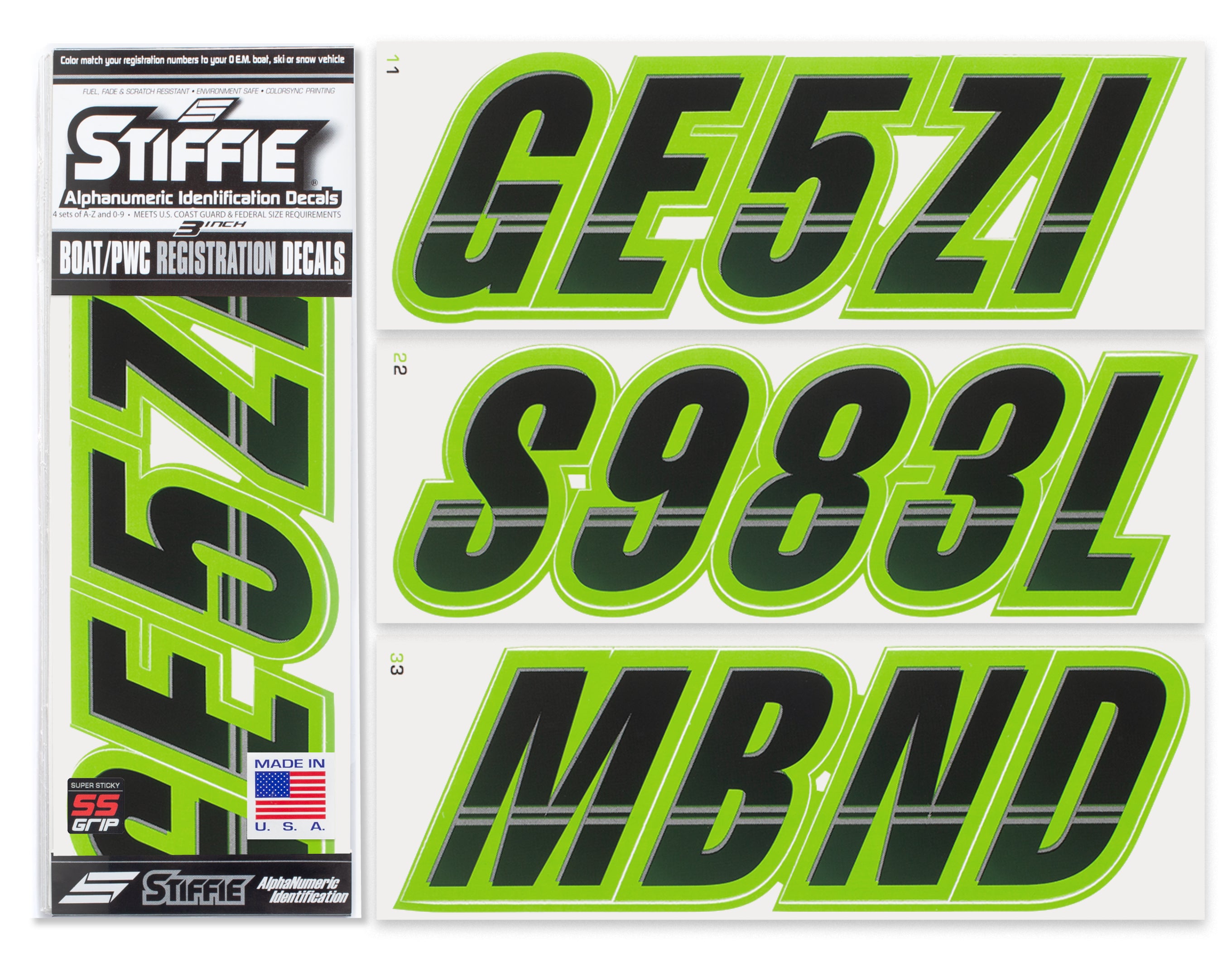 Stiffie Techtron Black/Team Green Super Sticky 3" Alpha Numeric Registration Identification Numbers Stickers Decals for Sea-Doo Spark, Inflatable Boats, Ribs, Hypalon/PVC, PWC and Boats