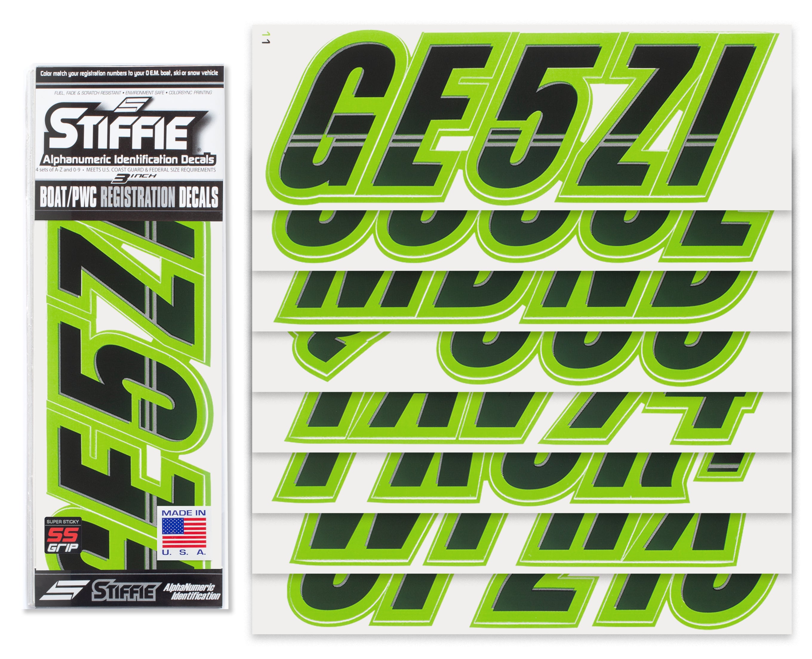 Stiffie Techtron Black/Team Green Super Sticky 3" Alpha Numeric Registration Identification Numbers Stickers Decals for Sea-Doo Spark, Inflatable Boats, Ribs, Hypalon/PVC, PWC and Boats