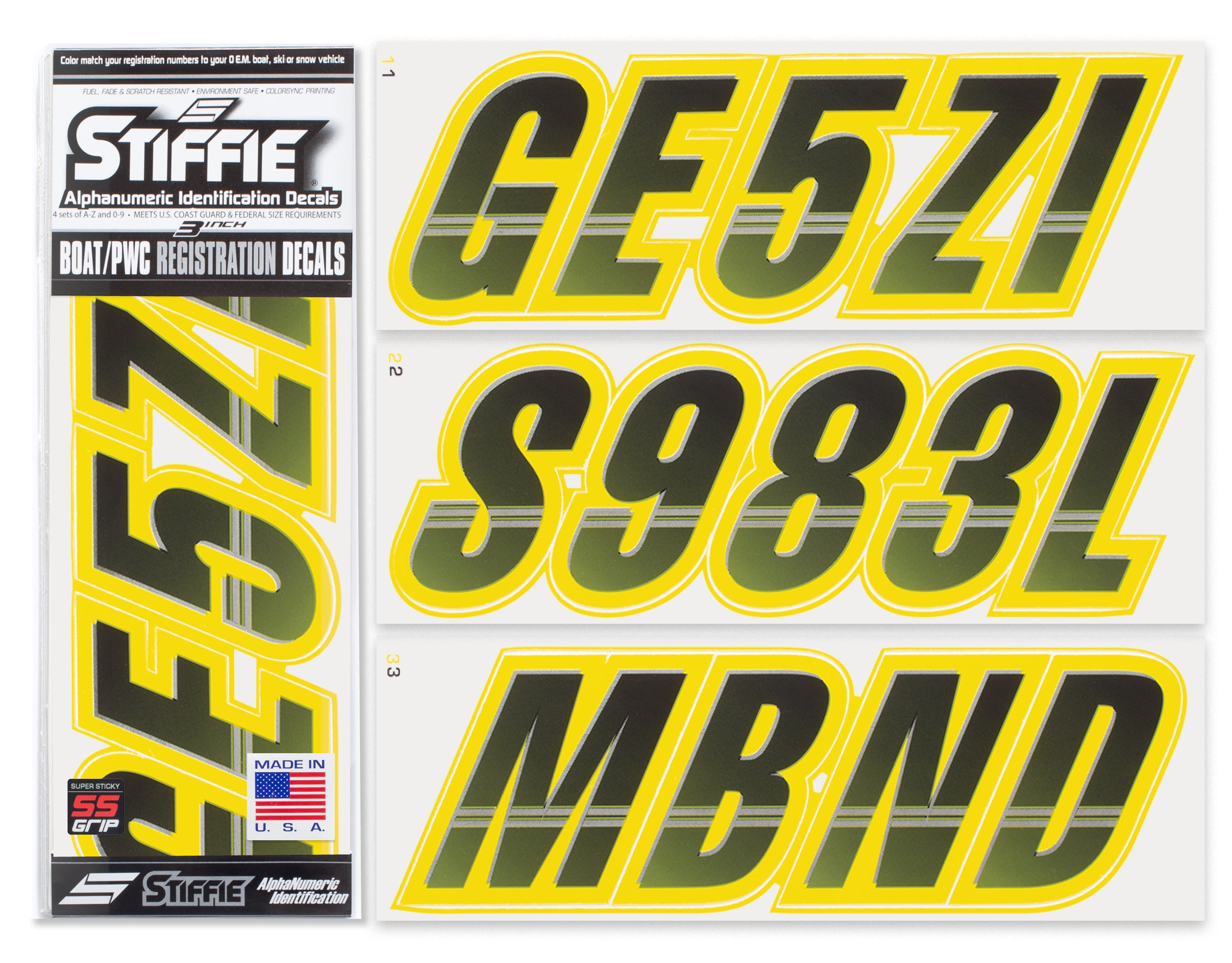 Stiffie Techtron Black/Yellow Crush Super Sticky 3" Alpha Numeric Registration Identification Numbers Stickers Decals for Sea-Doo Spark, Inflatable Boats, Ribs, Hypalon/PVC, PWC and Boats