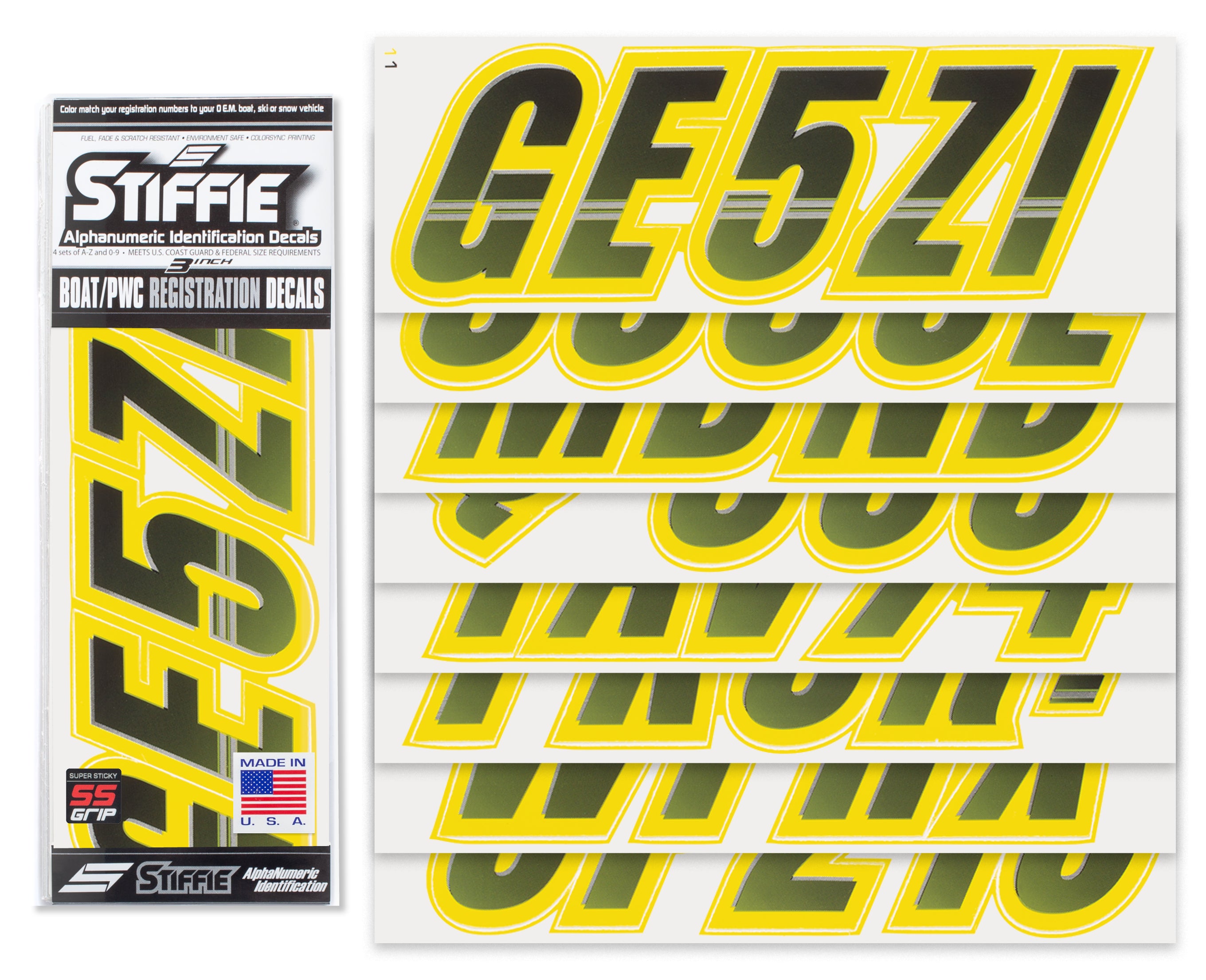 Stiffie Techtron Black/Yellow Crush Super Sticky 3" Alpha Numeric Registration Identification Numbers Stickers Decals for Sea-Doo Spark, Inflatable Boats, Ribs, Hypalon/PVC, PWC and Boats