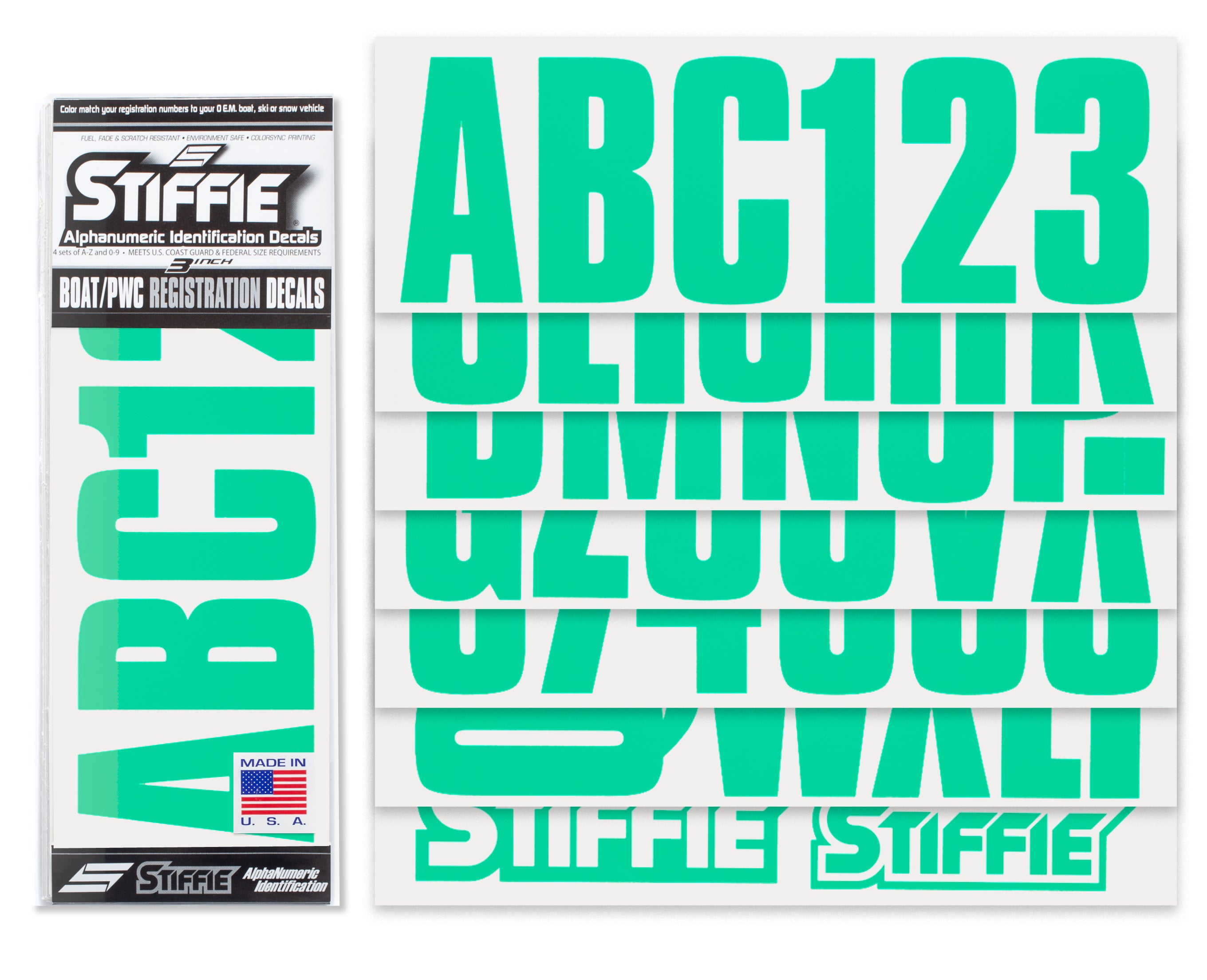 STIFFIE Uniline SeaFoam Green 3" ID Kit Alpha-Numeric Registration Identification Numbers Stickers Decals for Boats & Personal Watercraft