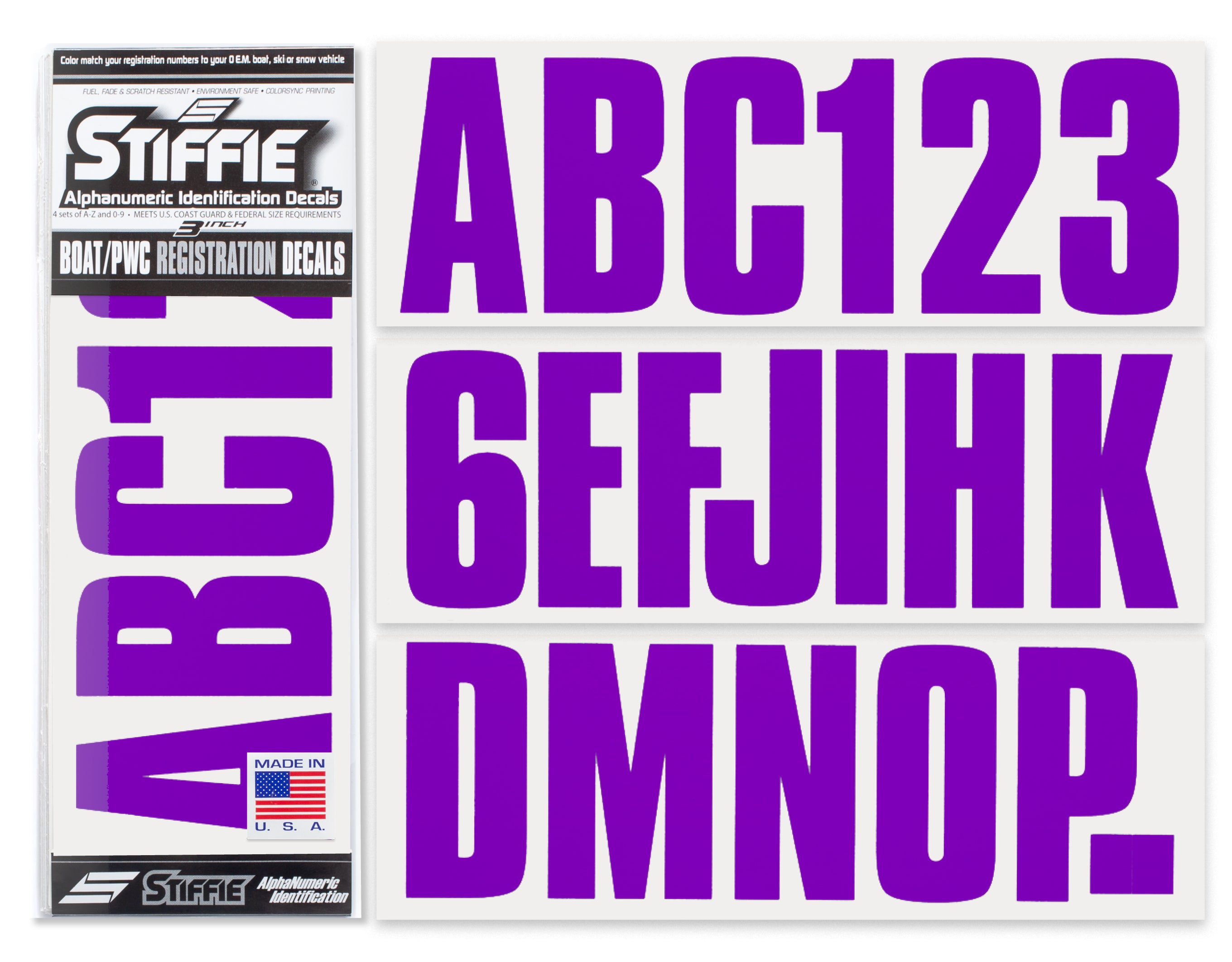 STIFFIE Uniline Purple 3" ID Kit Alpha-Numeric Registration Identification Numbers Stickers Decals for Boats & Personal Watercraft