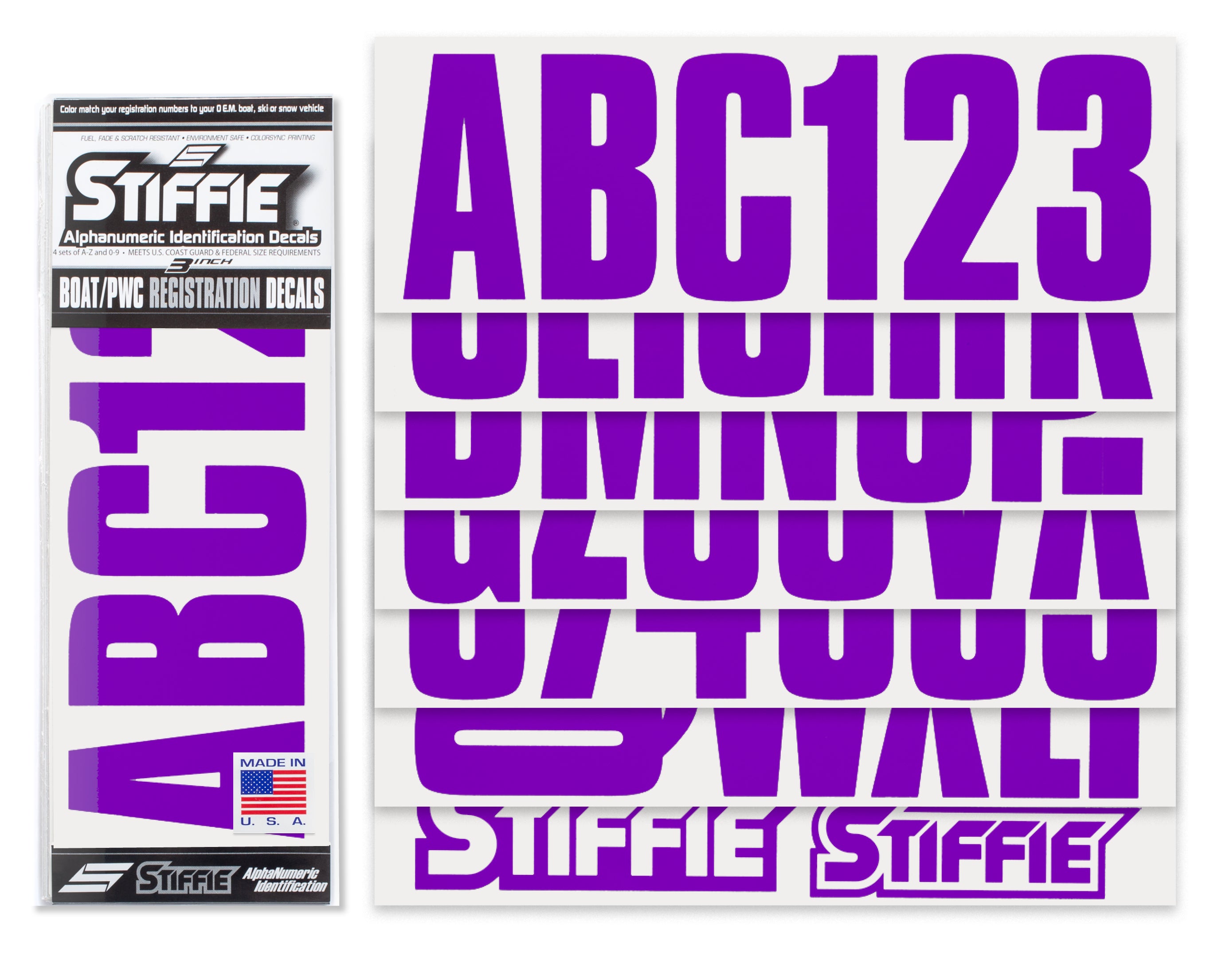 STIFFIE Uniline Purple 3" ID Kit Alpha-Numeric Registration Identification Numbers Stickers Decals for Boats & Personal Watercraft