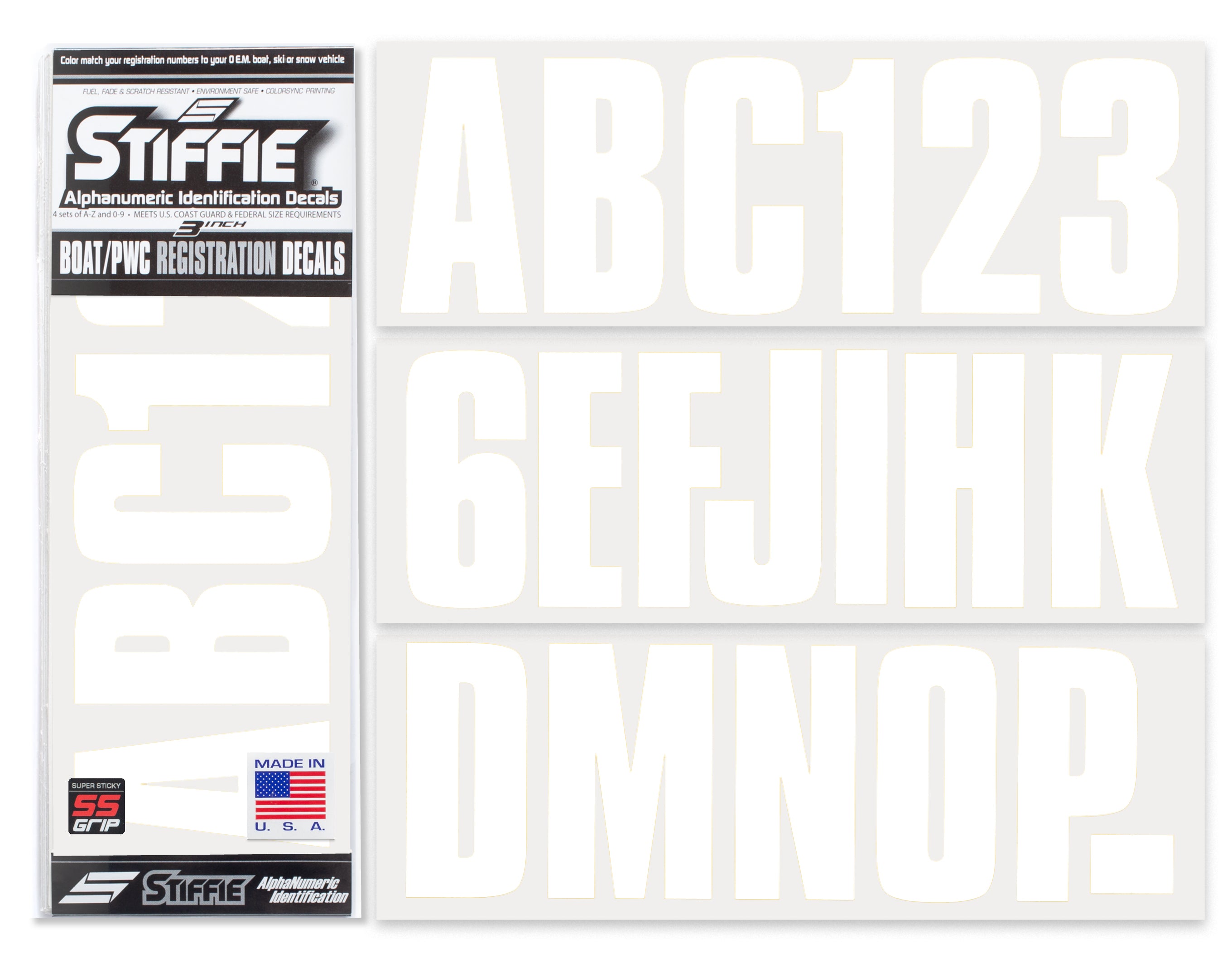 STIFFIE Uniline White Super Sticky 3" Alpha Numeric Registration Identification Numbers Stickers Decals for Sea-Doo Spark, Inflatable Boats, Ribs, Hypalon/PVC, PWC and Boats