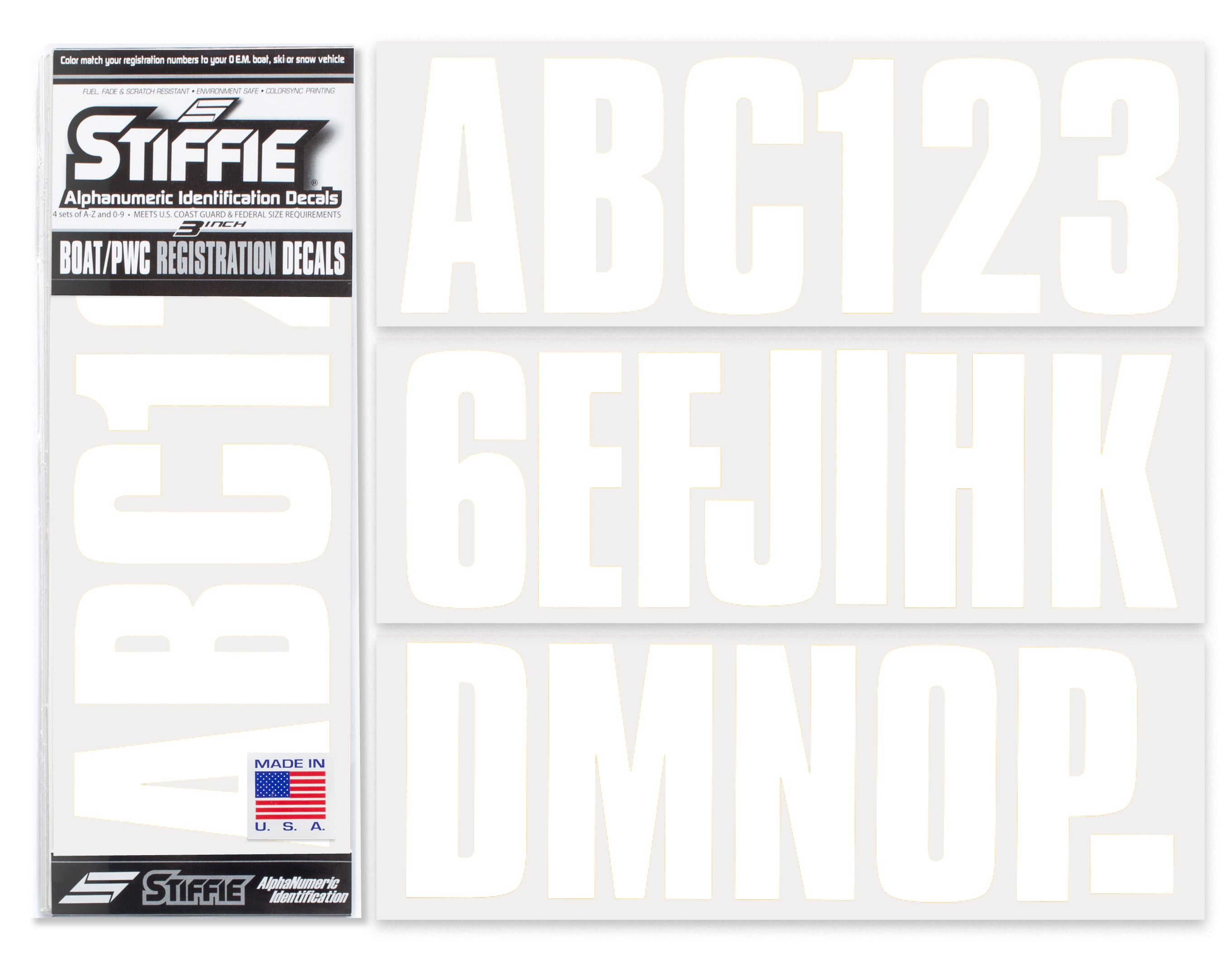 STIFFIE Uniline White 3" ID Kit Alpha-Numeric Registration Identification Numbers Stickers Decals for Boats & Personal Watercraft