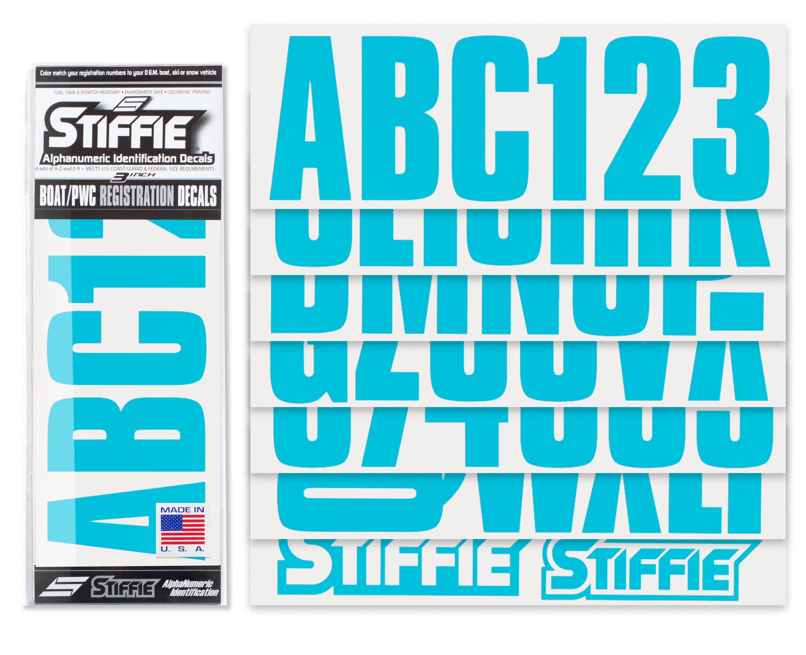 STIFFIE Uniline Sky Blue 3" ID Kit Alpha-Numeric Registration Identification Numbers Stickers Decals for Boats & Personal Watercraft