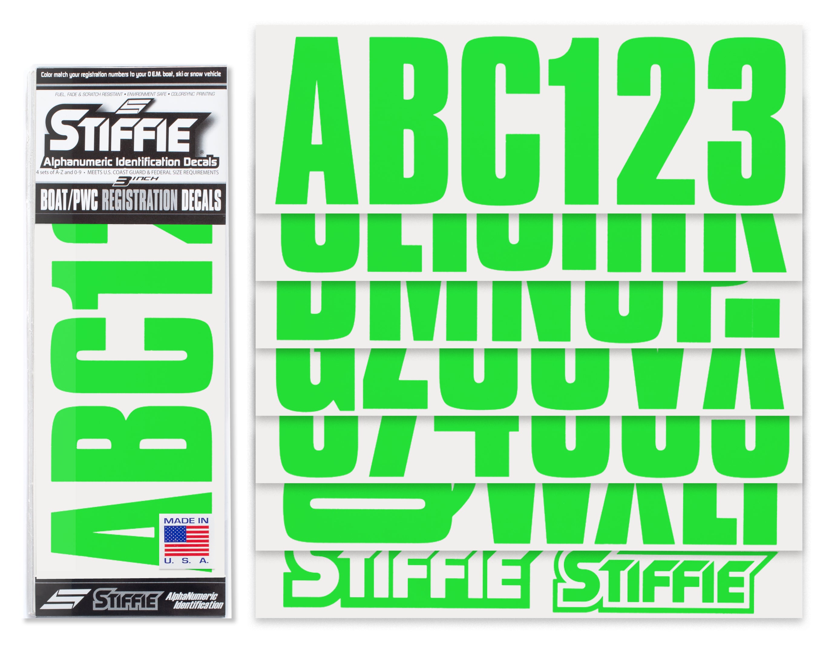 STIFFIE Uniline Electric Green 3" ID Kit Alpha-Numeric Registration Identification Numbers Stickers Decals for Boats & Personal Watercraft
