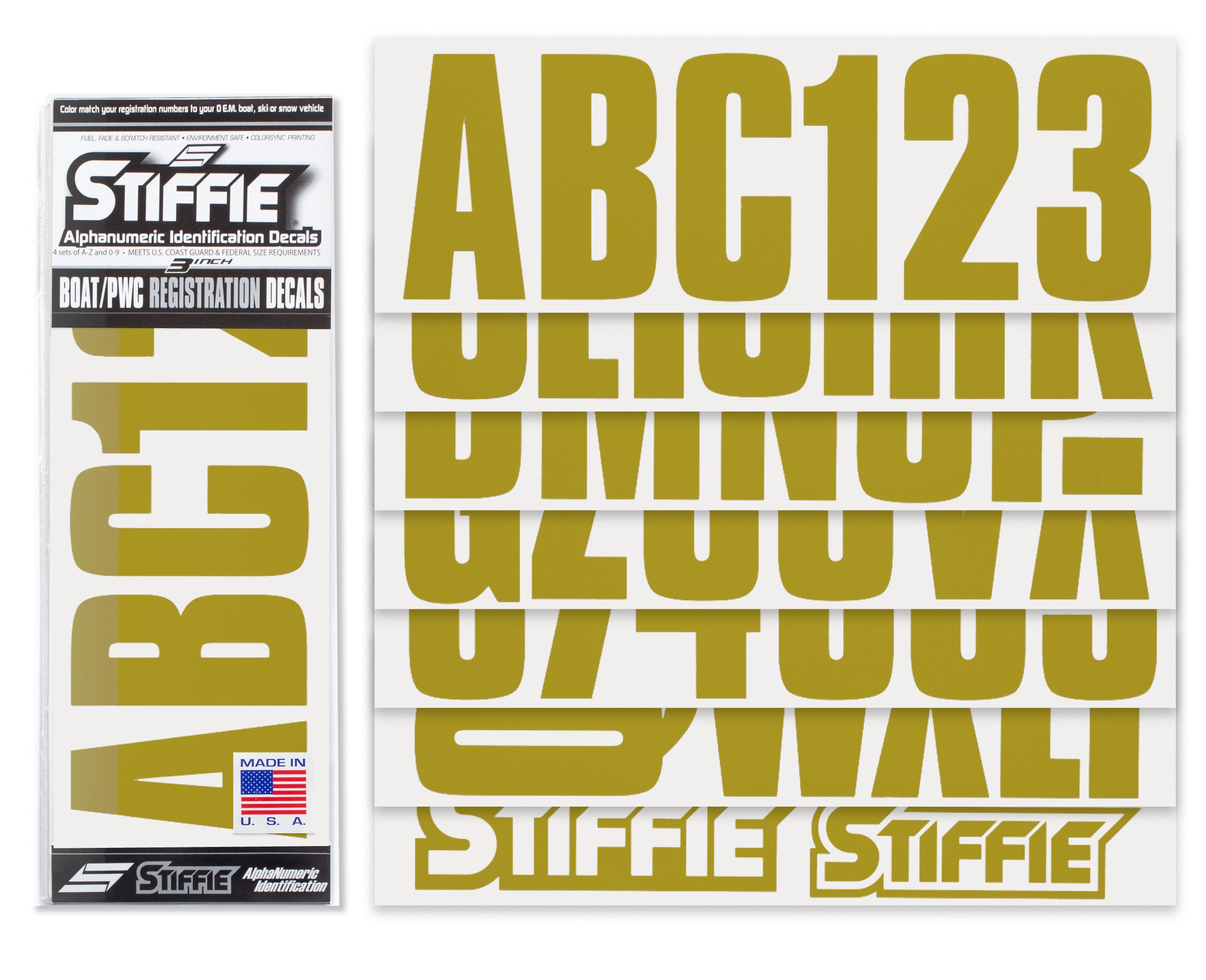 STIFFIE Uniline Metallic Gold 3" ID Kit Alpha-Numeric Registration Identification Numbers Stickers Decals for Boats & Personal Watercraft