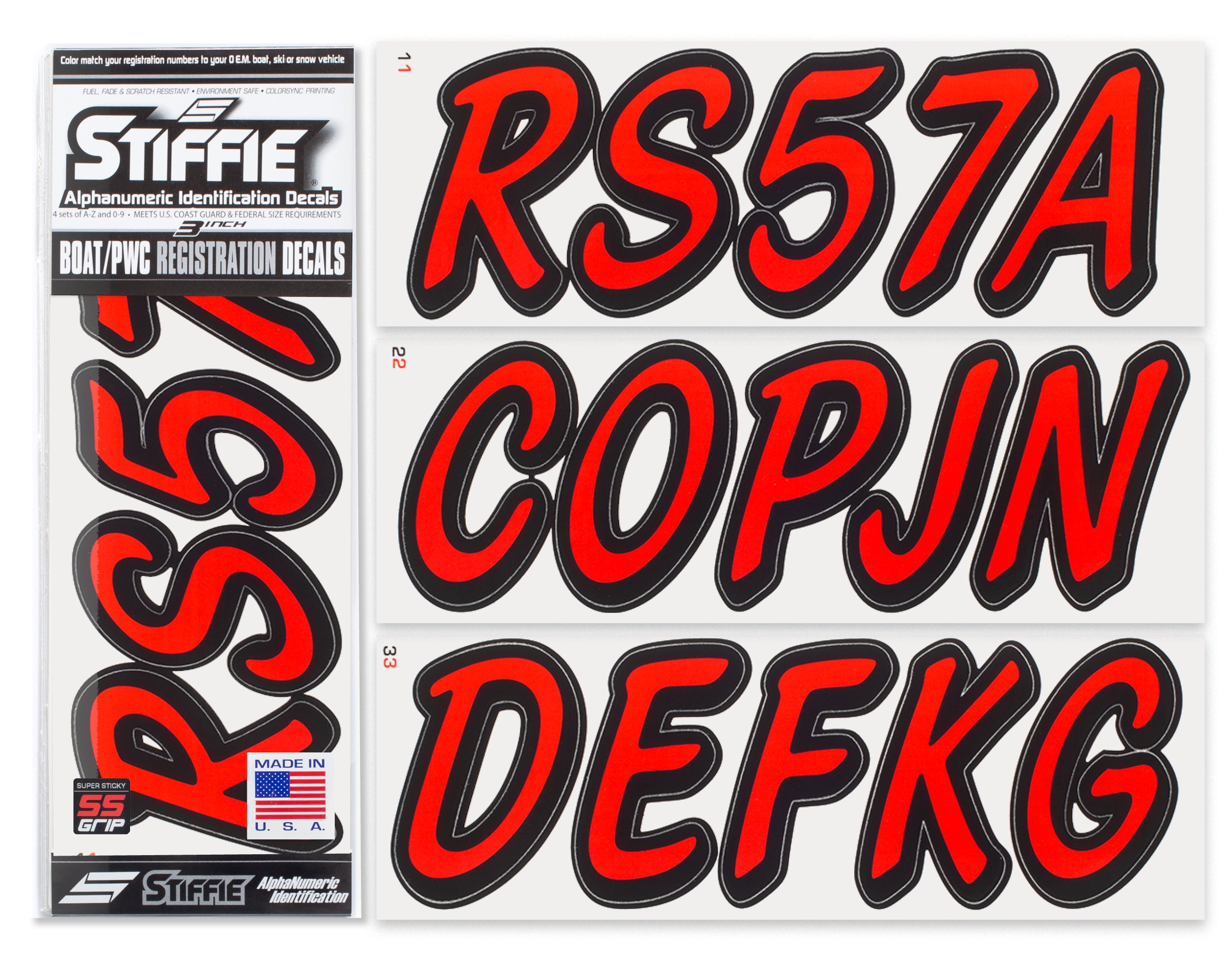 STIFFIE Whipline Solid Lava Red/Black Super Sticky 3" Alpha-Numeric Registration Identification Numbers Stickers Decals for Boats & Personal Watercraft