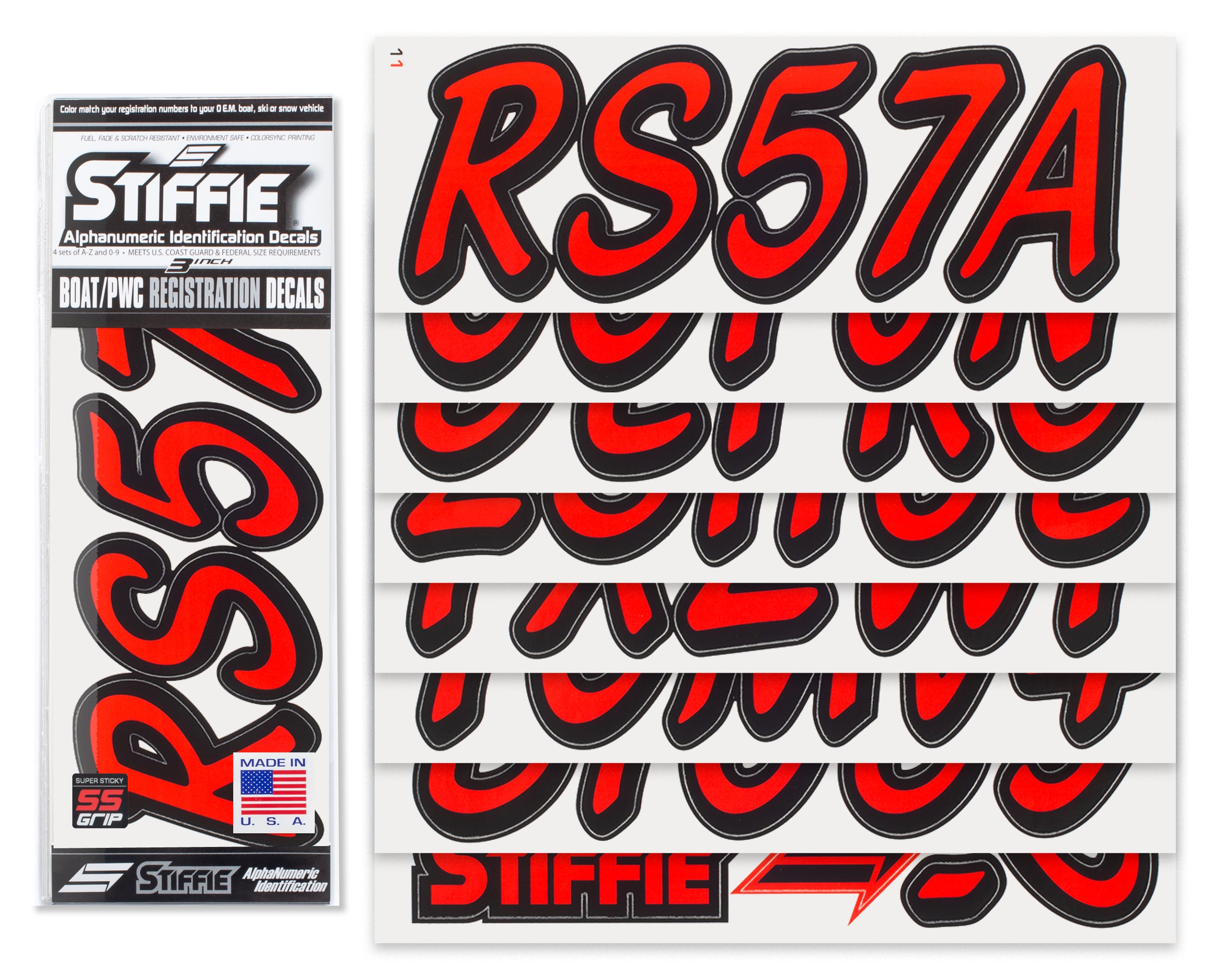 STIFFIE Whipline Solid Lava Red/Black Super Sticky 3" Alpha-Numeric Registration Identification Numbers Stickers Decals for Boats & Personal Watercraft