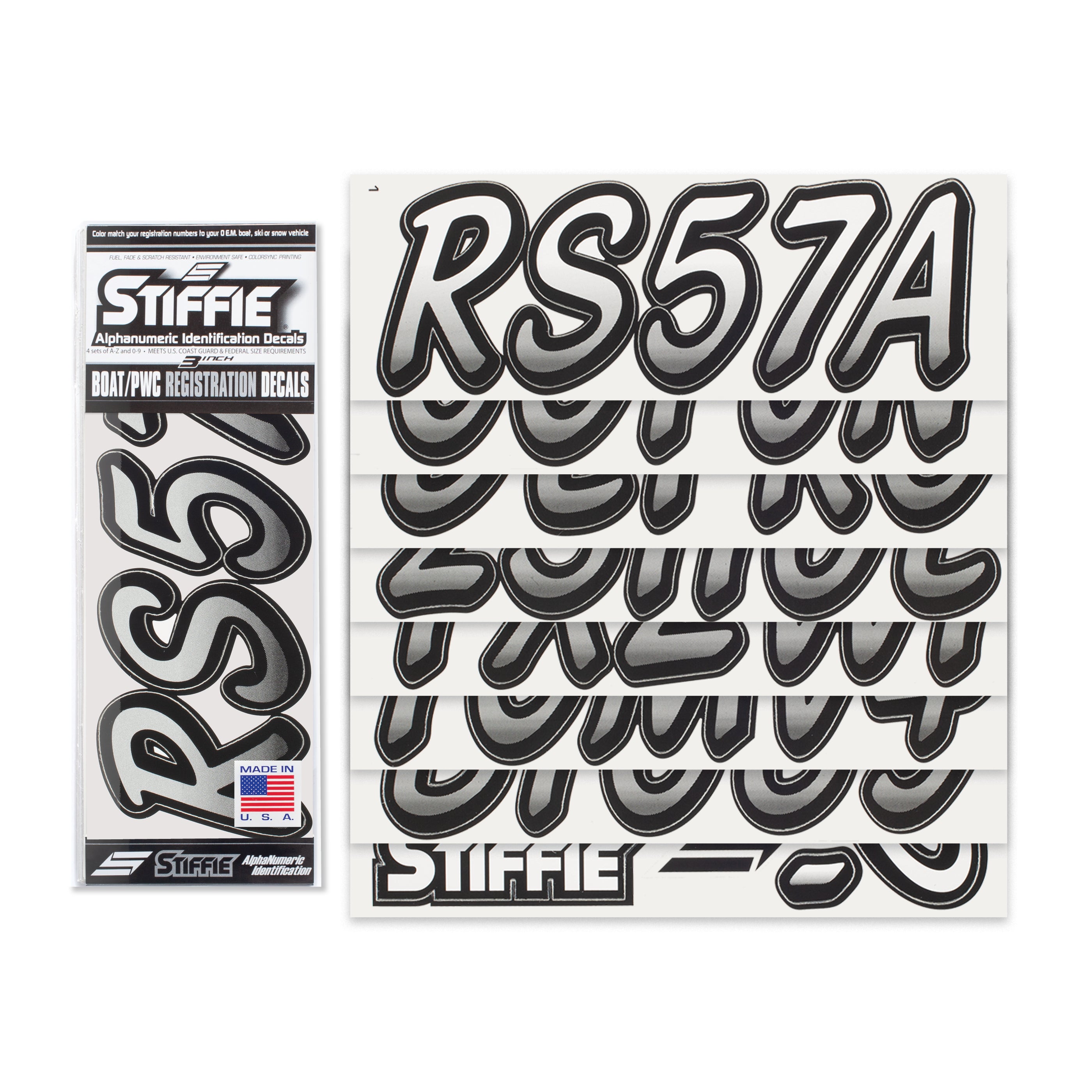 STIFFIE Whipline White/Black 3" Alpha-Numeric Boat Registration Numbers Identification Stickers Decals