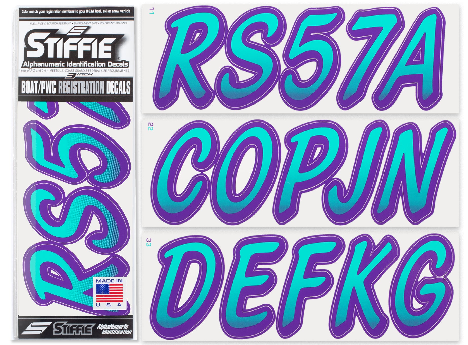 STIFFIE Whipline Sea Teal/Purple 3" Alpha-Numeric Registration Identification Numbers Stickers Decals for Boats & Personal Watercraft