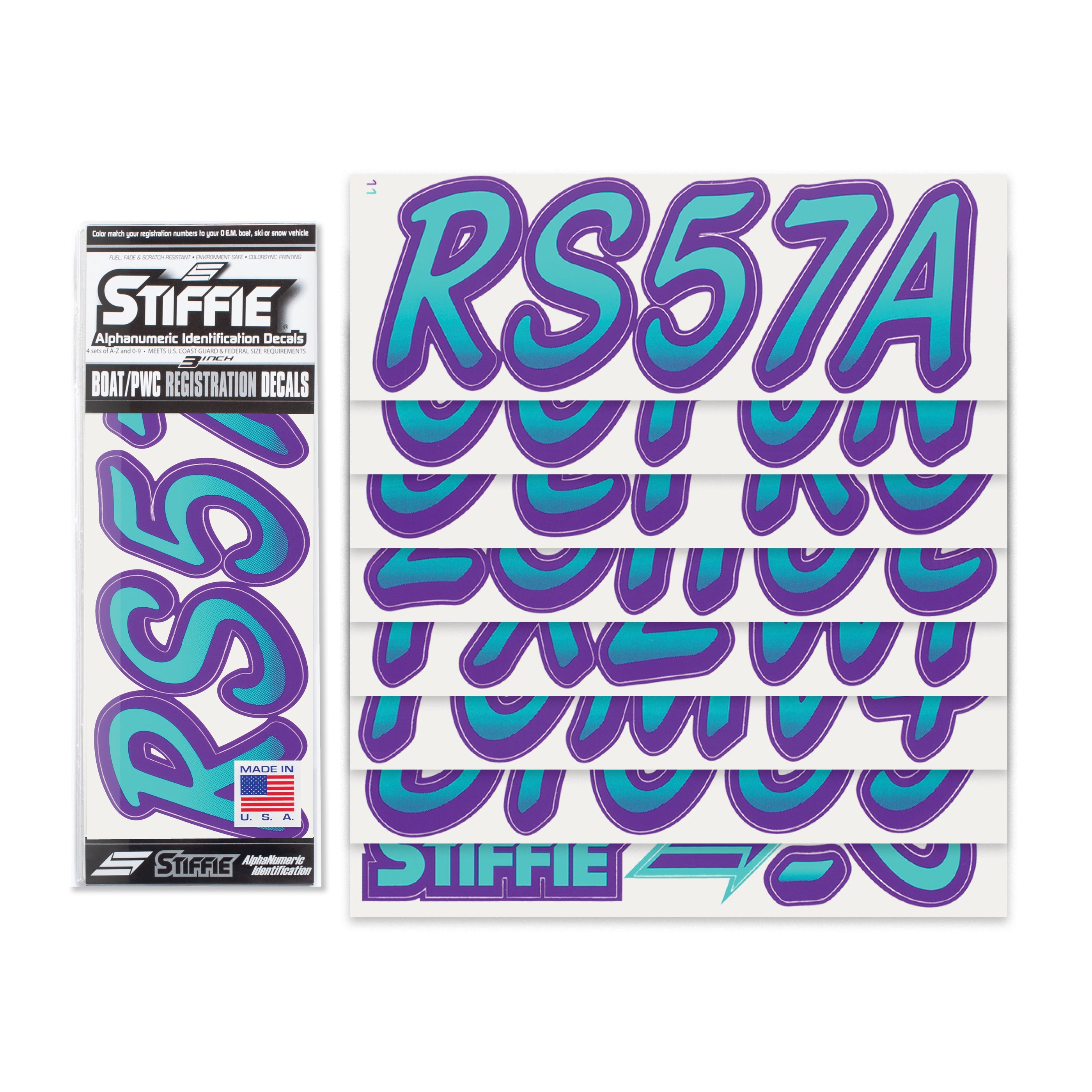 STIFFIE Whipline Sea Teal/Purple 3" Alpha-Numeric Registration Identification Numbers Stickers Decals for Boats & Personal Watercraft