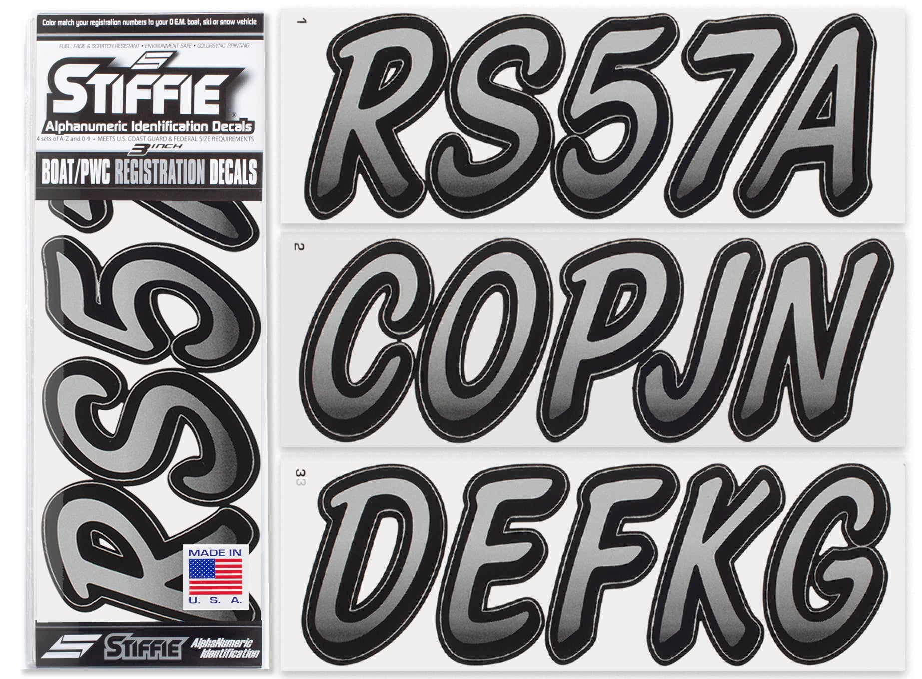 Stiffie Whipline Silver/Black 3" Alpha-Numeric Registration Identification Numbers Stickers Decals for Boats & Personal Watercraft