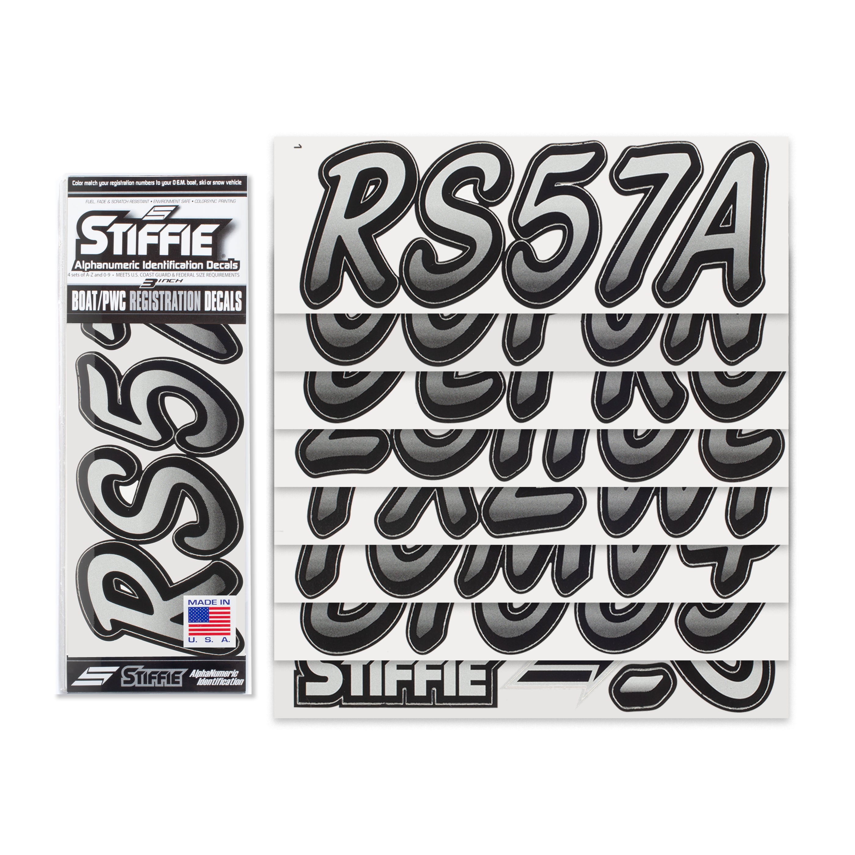 Stiffie Whipline Silver/Black 3" Alpha-Numeric Registration Identification Numbers Stickers Decals for Boats & Personal Watercraft
