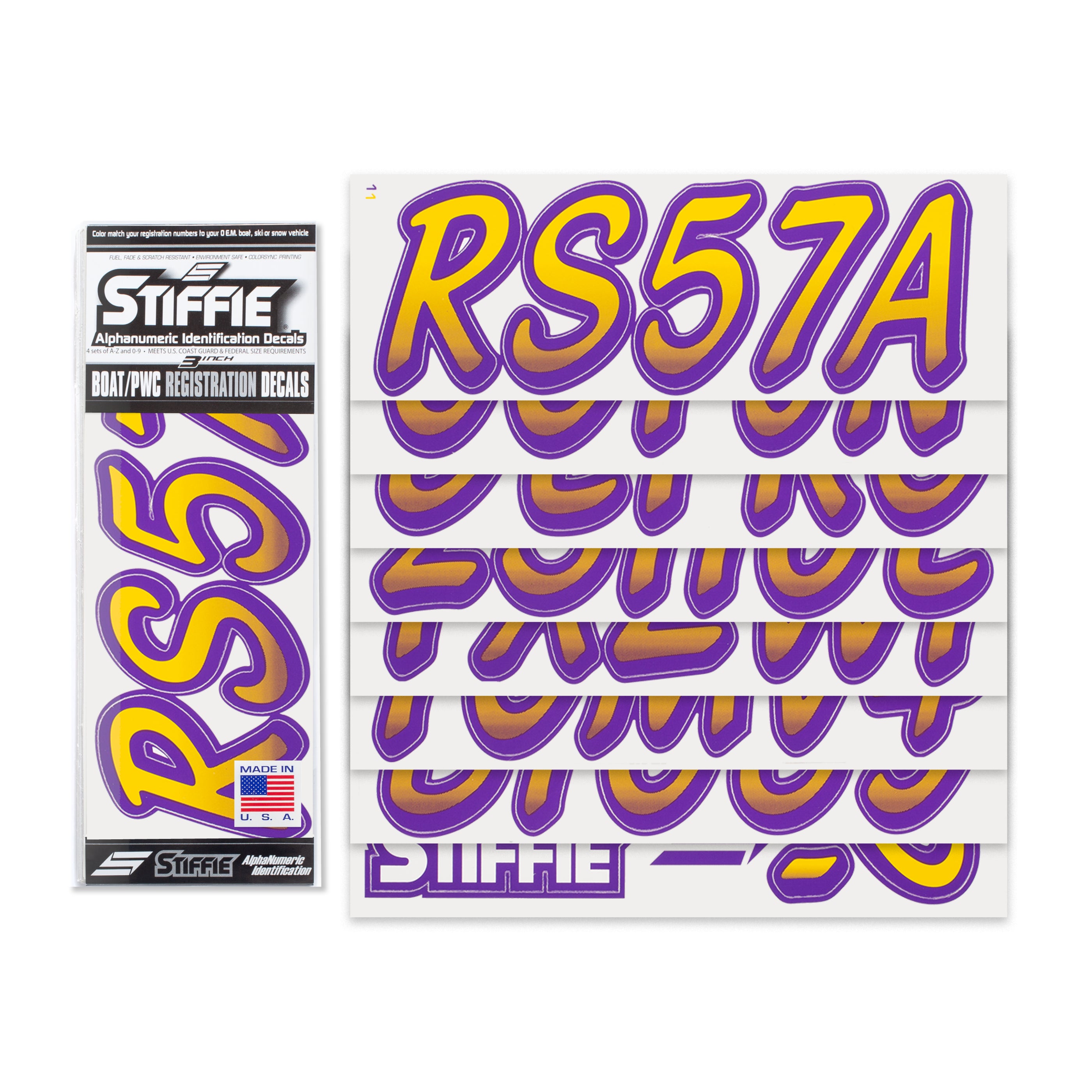 STIFFIE Whipline Yellow/Purple 3" Alpha-Numeric Registration Identification Numbers Stickers Decals for Boats & Personal Watercraft