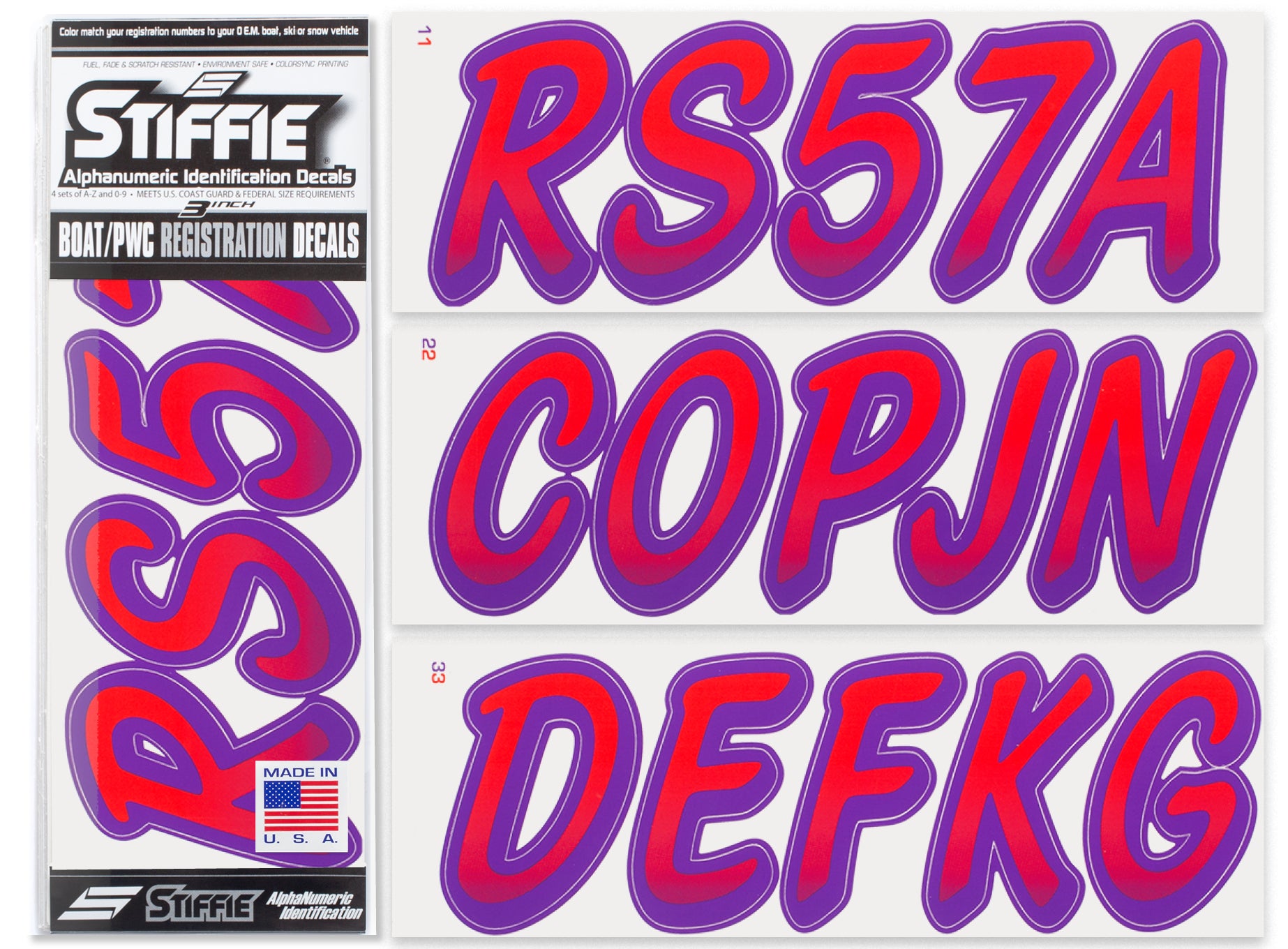 STIFFIE Whipline Red/Purple 3" Alpha-Numeric Registration Identification Numbers Stickers Decals for Boats & Personal Watercraft