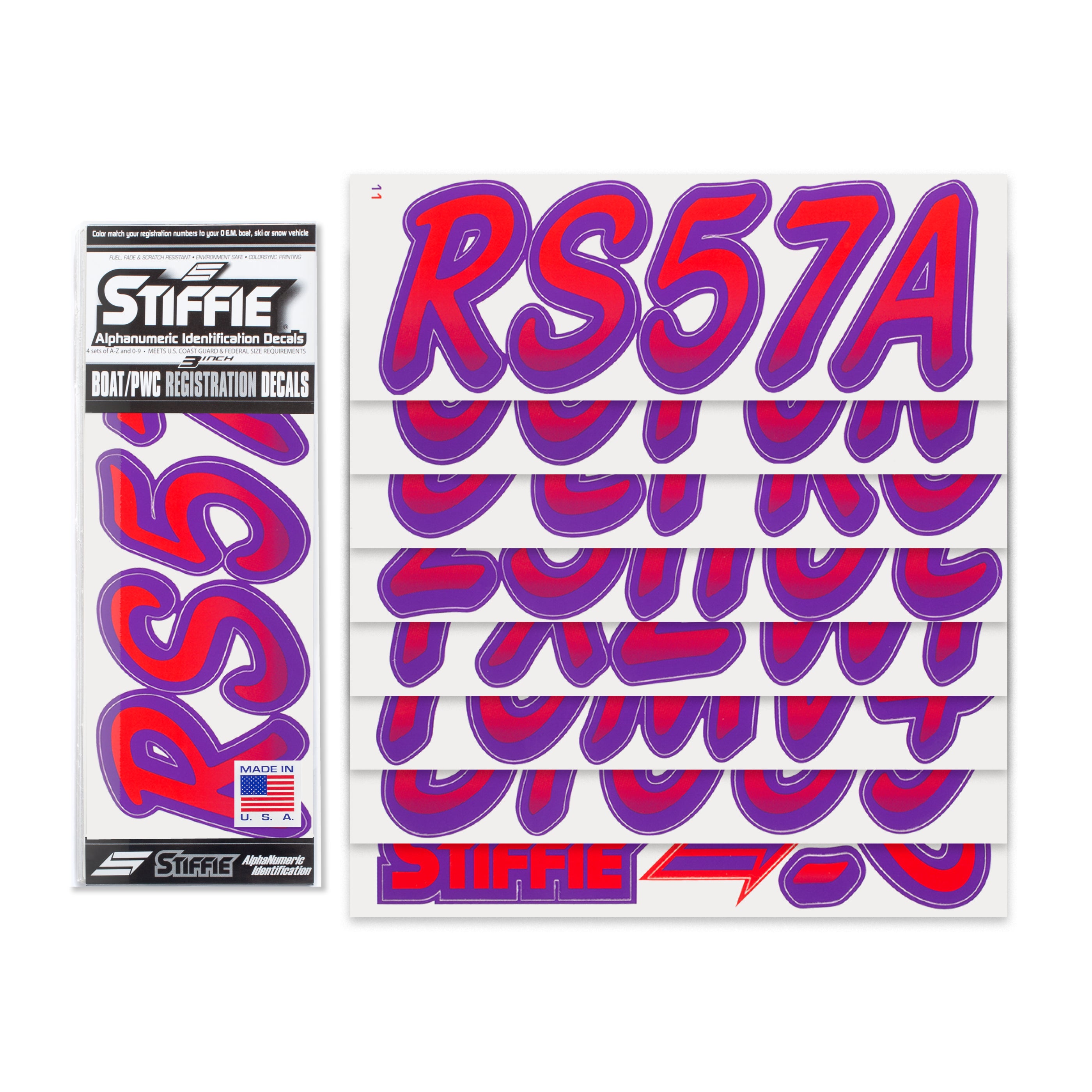 STIFFIE Whipline Red/Purple 3" Alpha-Numeric Registration Identification Numbers Stickers Decals for Boats & Personal Watercraft