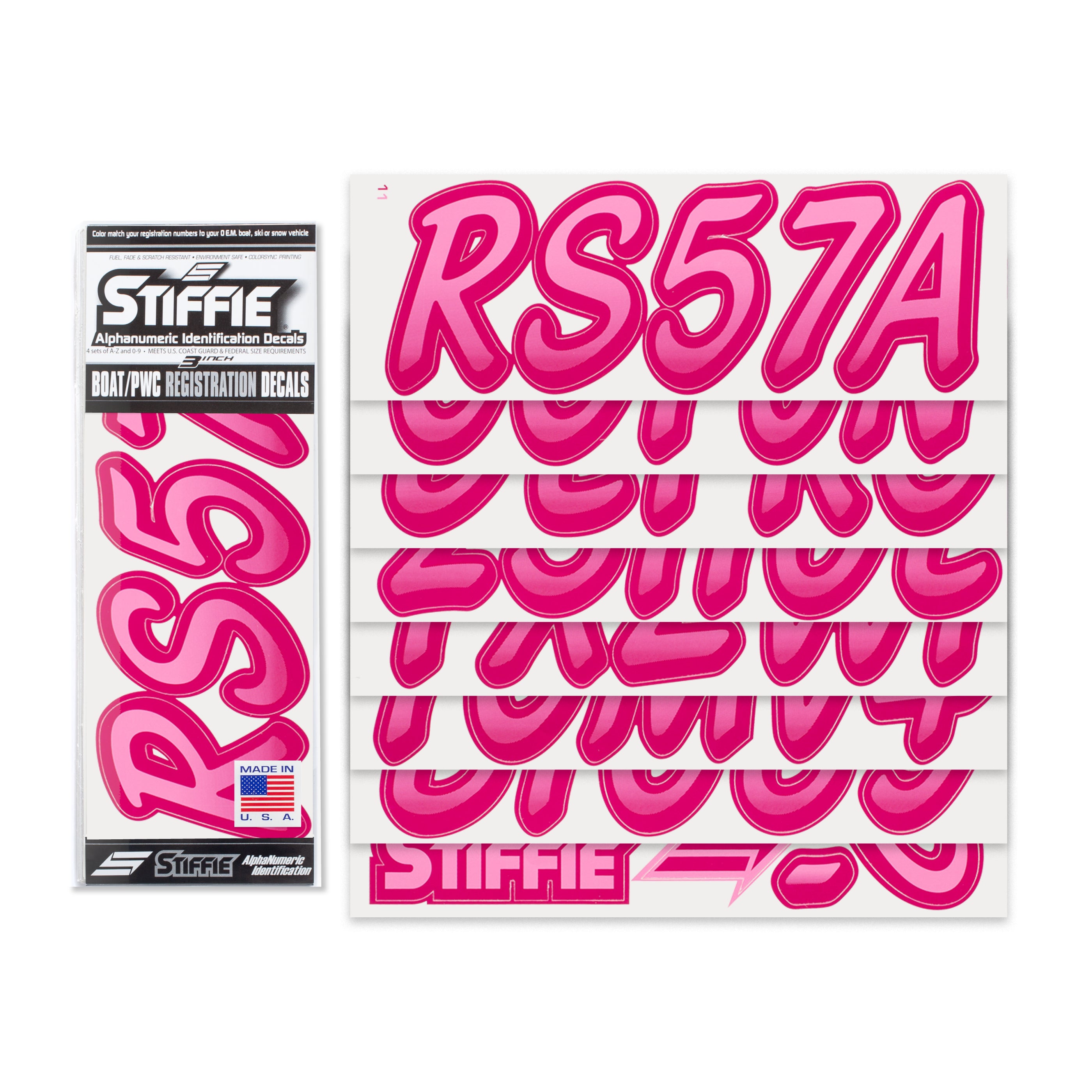 STIFFIE Whipline Pink/Berry 3" Alpha-Numeric Registration Identification Numbers Stickers Decals for Boats & Personal Watercraft