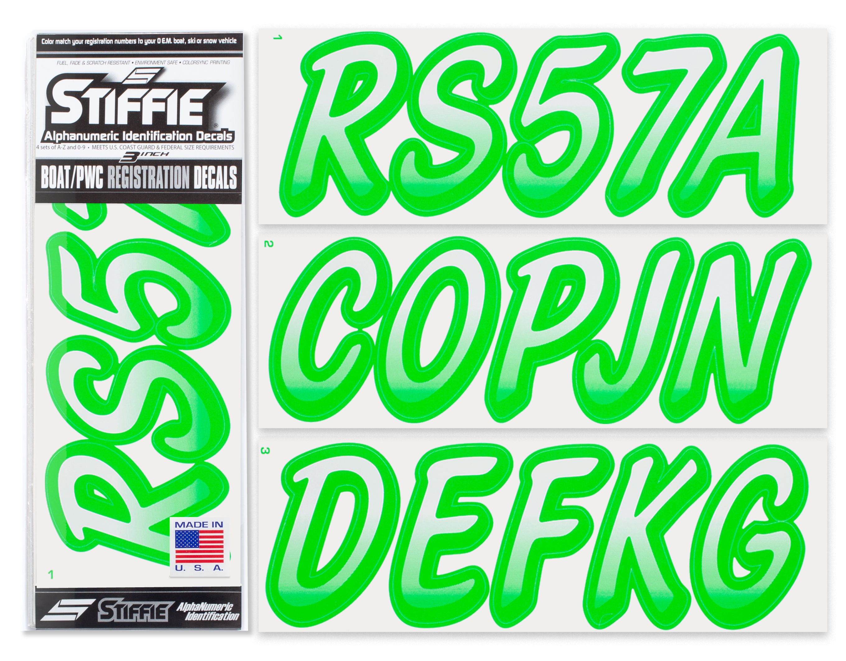 Stiffie Whipline White/Electric Green 3" Alpha-Numeric Registration Identification Numbers Stickers Decals for Boats & Personal Watercraft