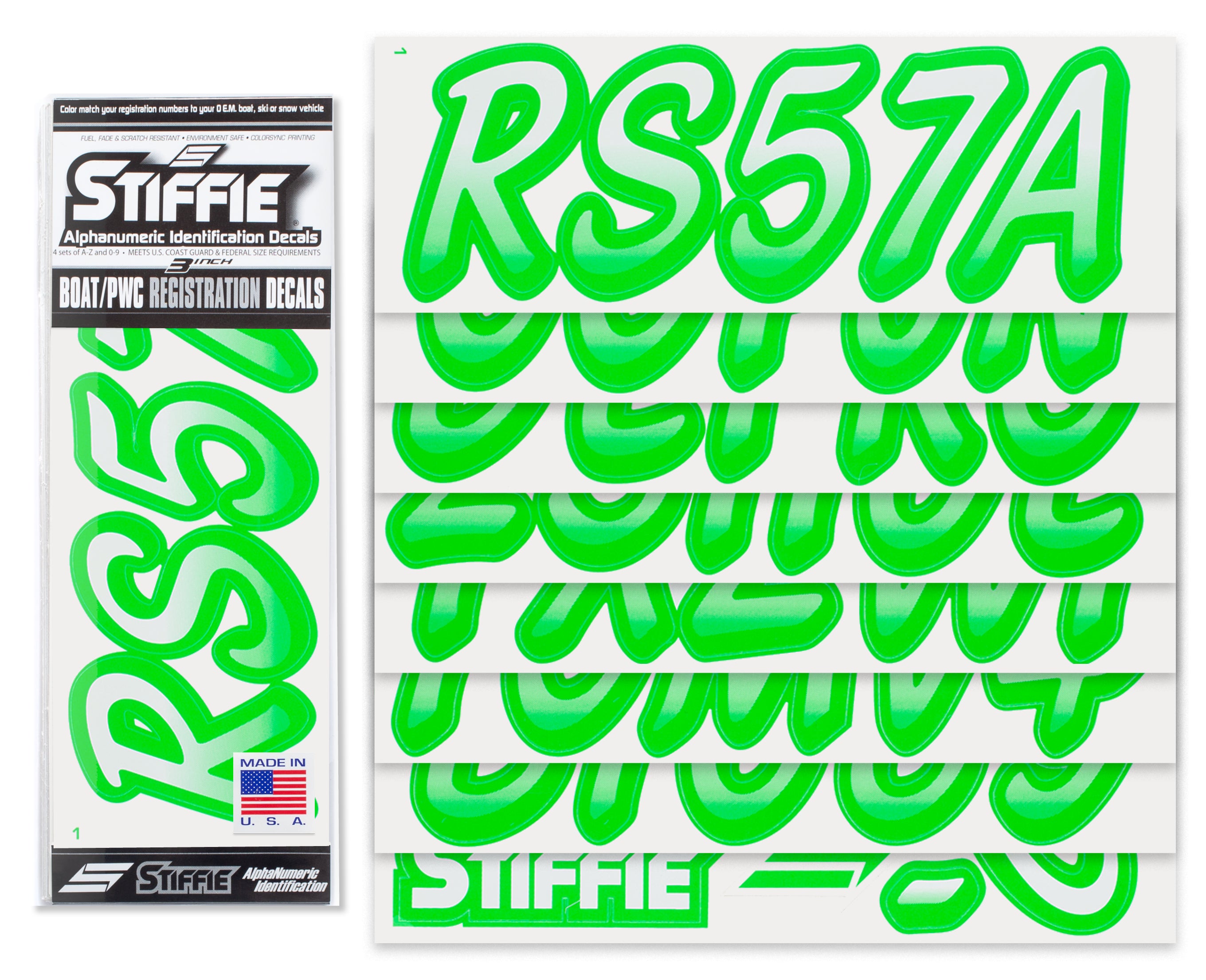 Stiffie Whipline White/Electric Green 3" Alpha-Numeric Registration Identification Numbers Stickers Decals for Boats & Personal Watercraft