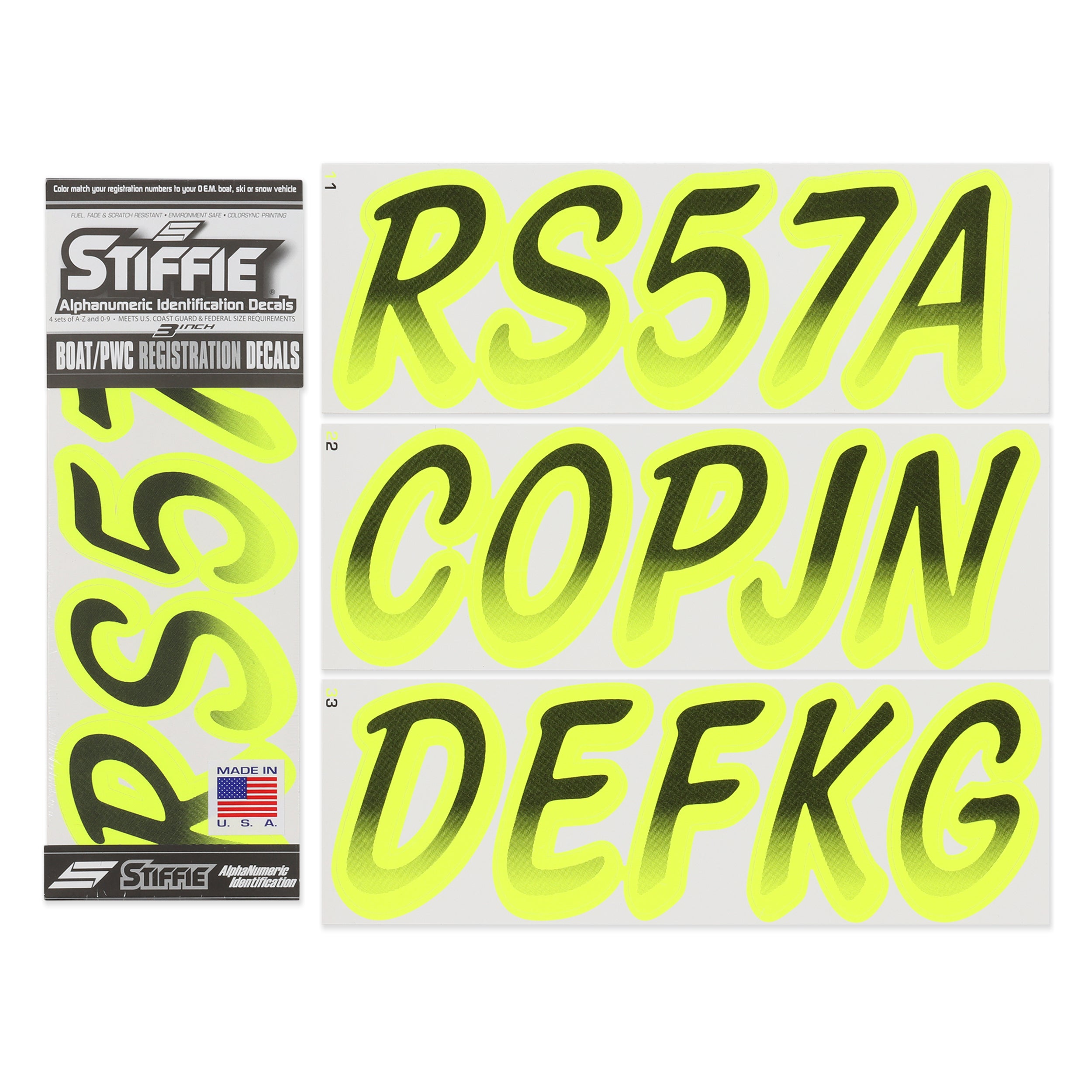 STIFFIE Whipline Black/Day Glow Yellow 3" Alpha-Numeric Registration Identification Numbers Stickers Decals for Boats & Personal Watercraft