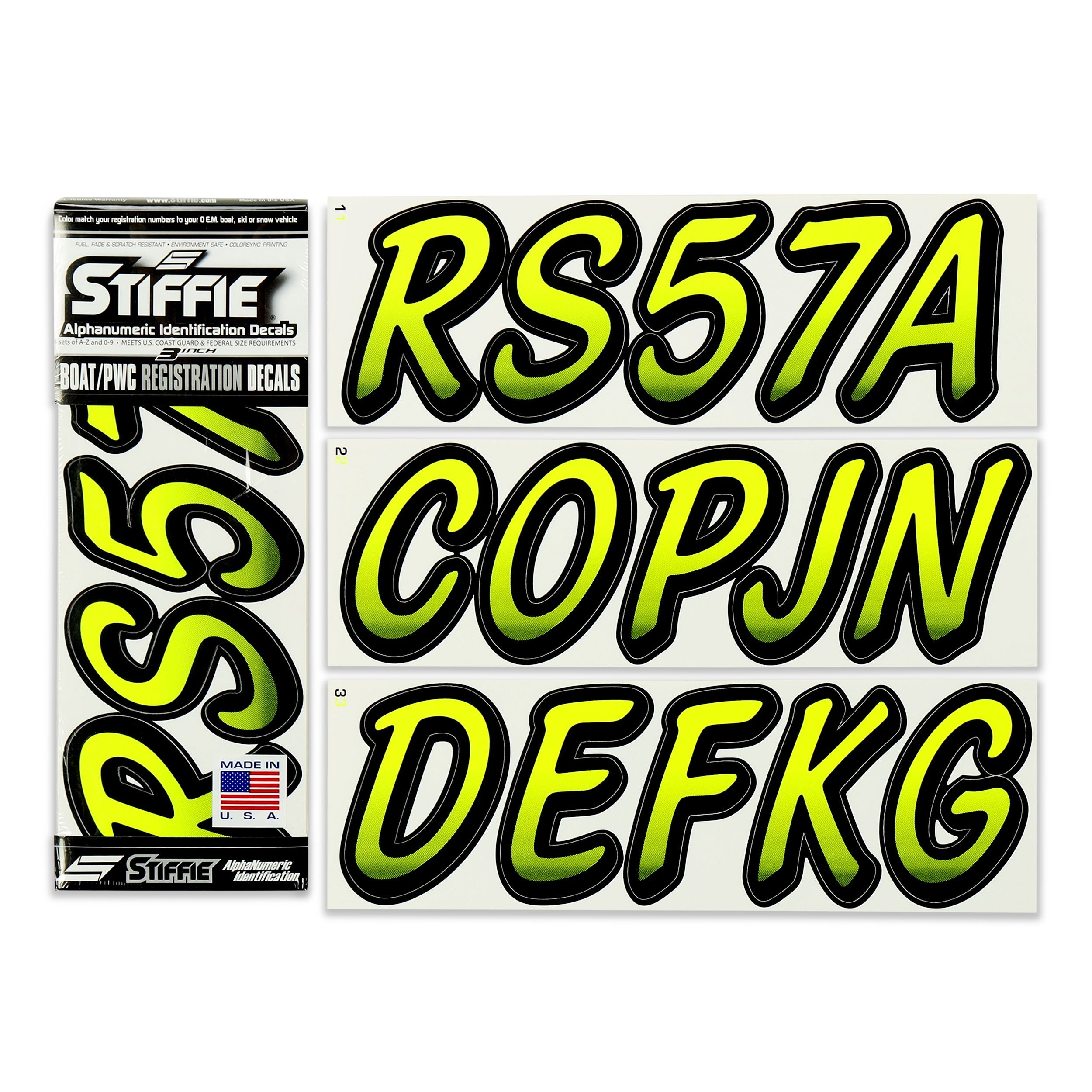 Stiffie Whipline Day Glow Yellow/Black 3" Alpha-Numeric Registration Identification Numbers Stickers Decals for Boats & Personal Watercraft