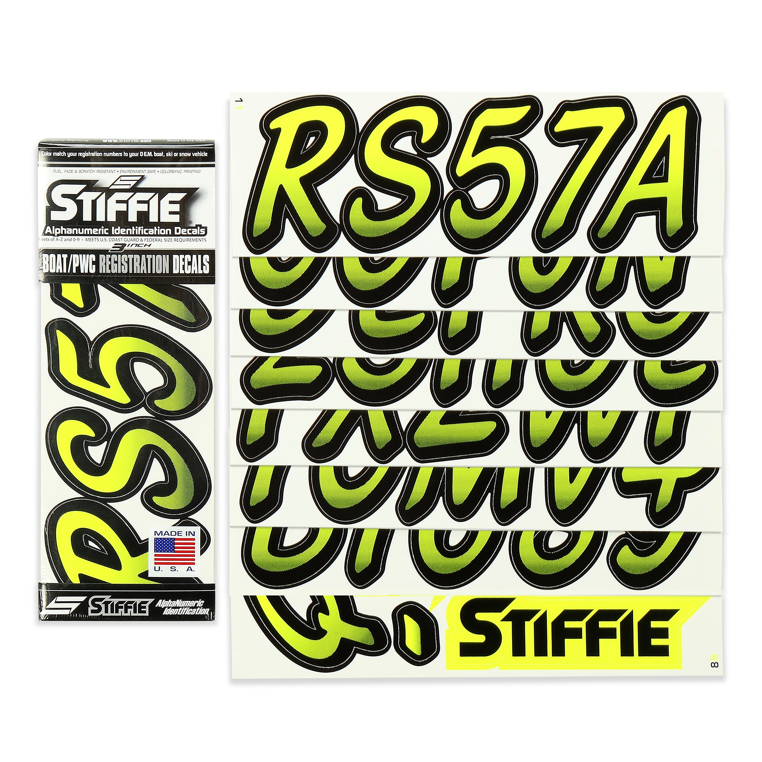 Stiffie Whipline Day Glow Yellow/Black 3" Alpha-Numeric Registration Identification Numbers Stickers Decals for Boats & Personal Watercraft