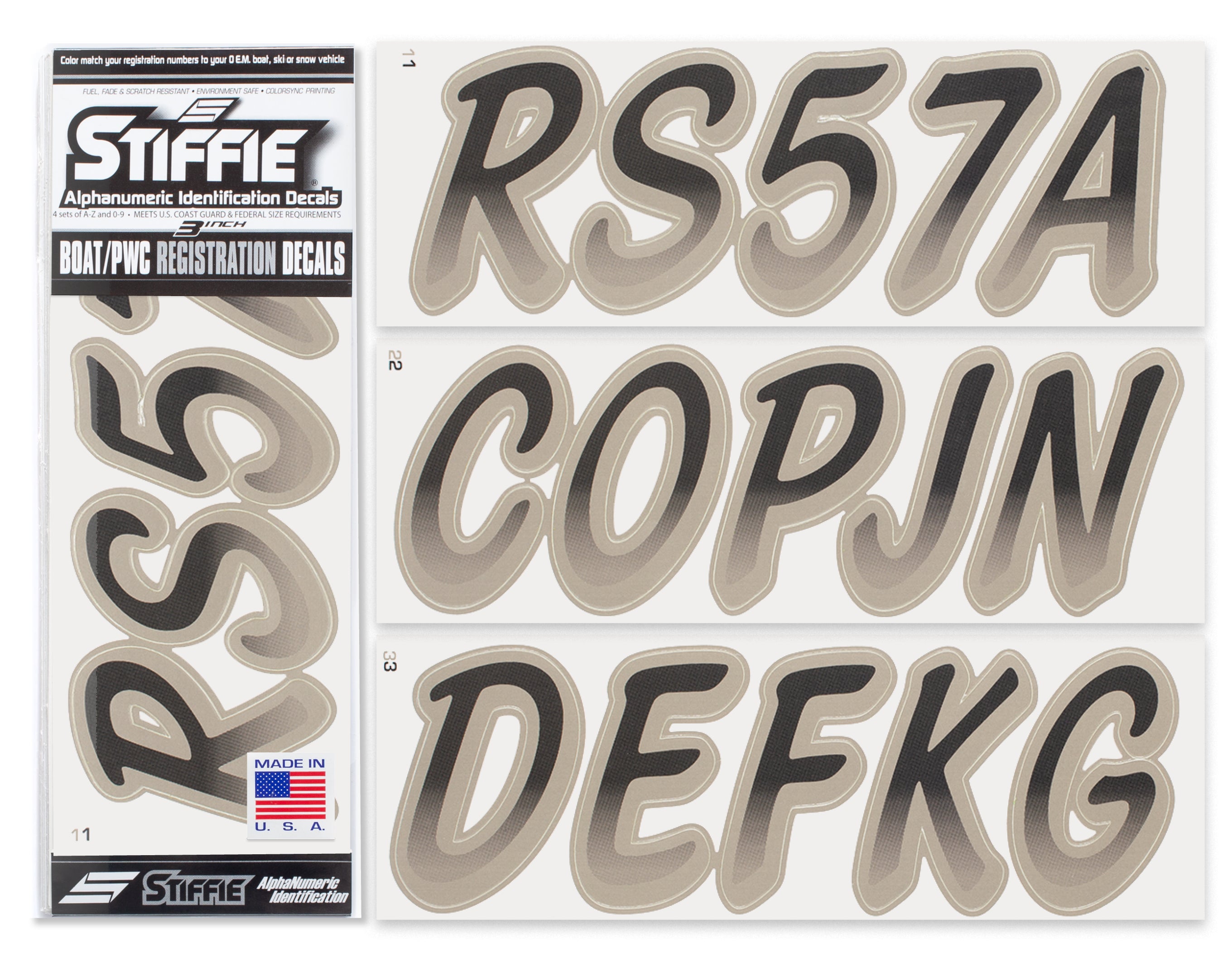Stiffie Whipline Black/Pewter 3" Alpha-Numeric Registration Identification Numbers Stickers Decals for Boats & Personal Watercraft