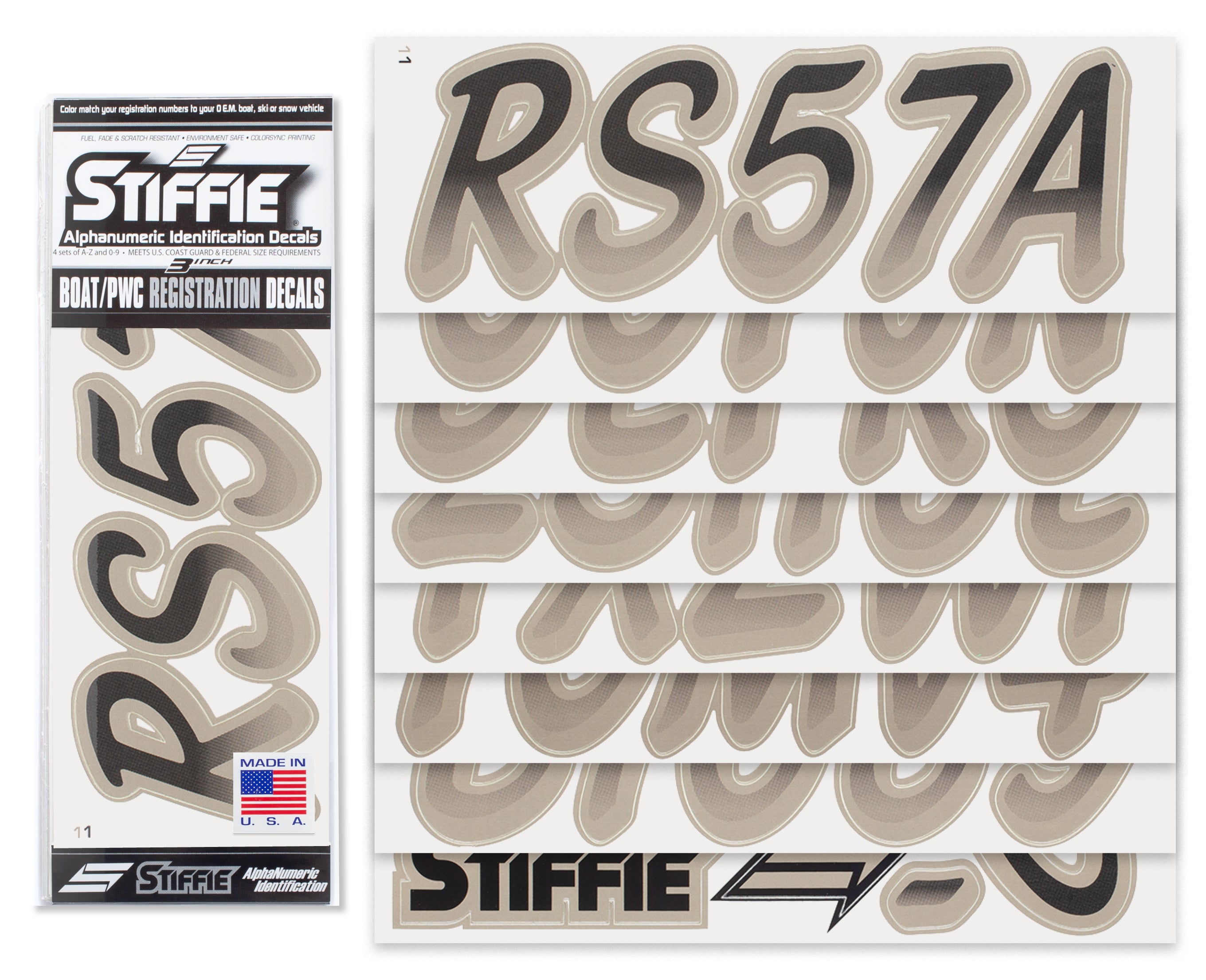 Stiffie Whipline Black/Pewter 3" Alpha-Numeric Registration Identification Numbers Stickers Decals for Boats & Personal Watercraft