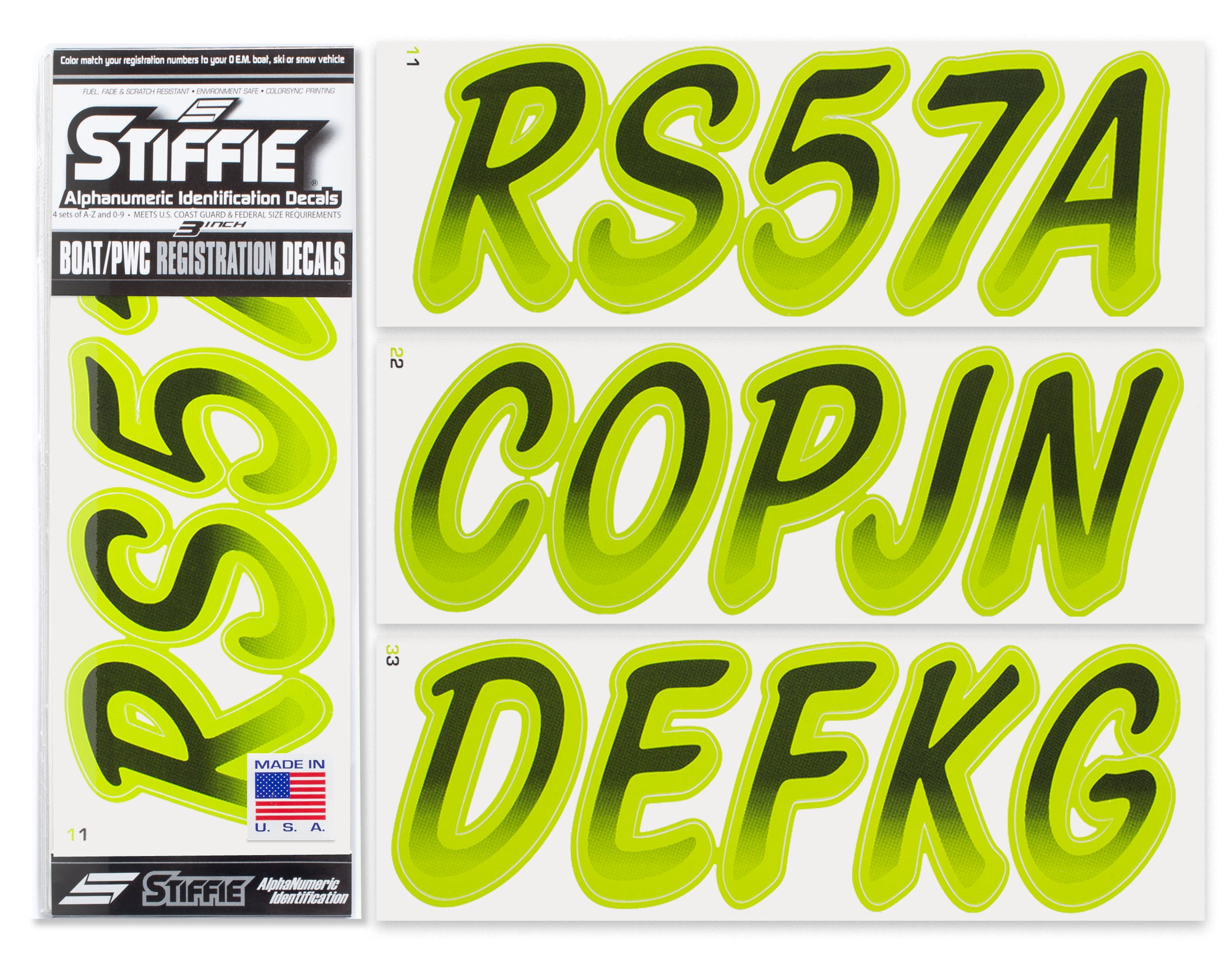 STIFFIE Whipline Black/Atomic Green 3" Alpha-Numeric Registration Identification Numbers Stickers Decals for Boats & Personal Watercraft