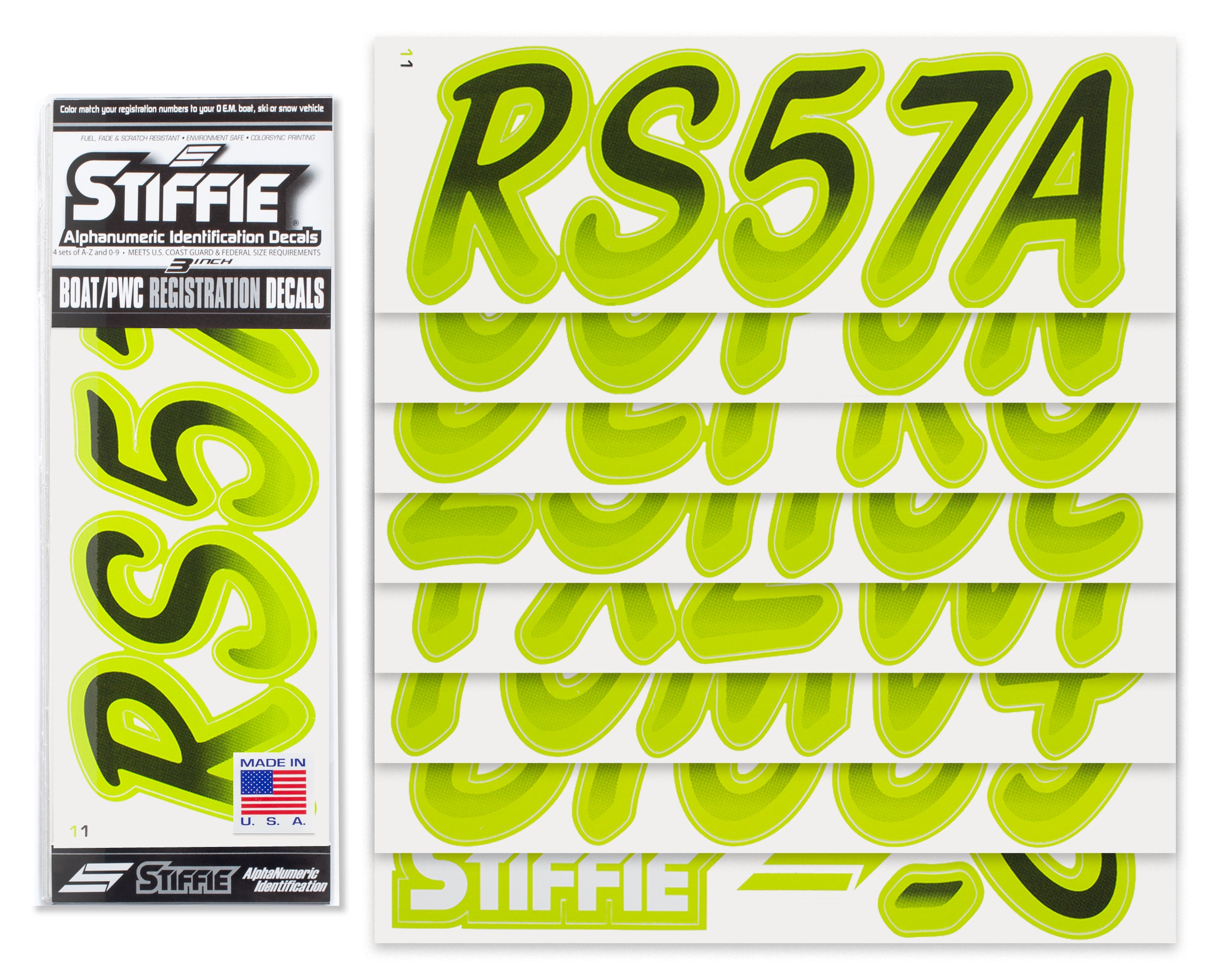 STIFFIE Whipline Black/Atomic Green 3" Alpha-Numeric Registration Identification Numbers Stickers Decals for Boats & Personal Watercraft