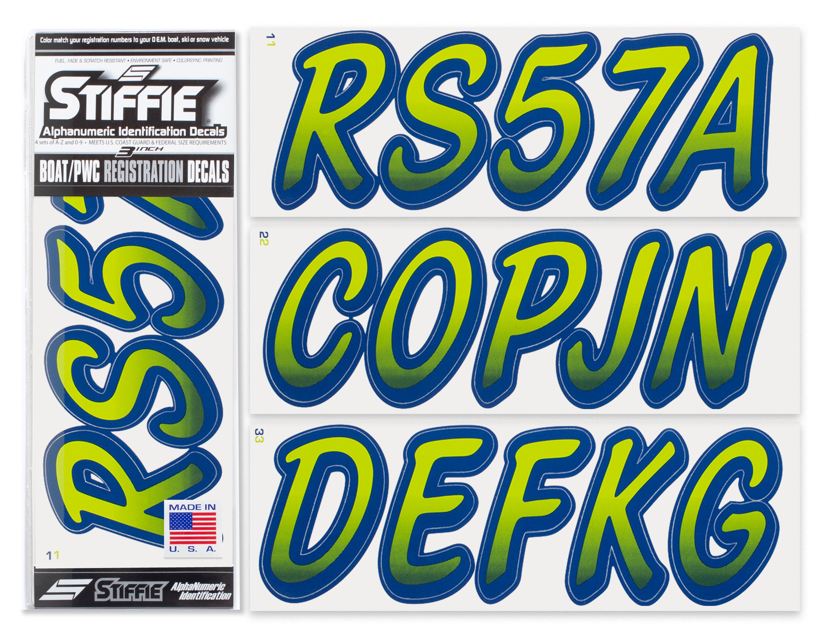 STIFFIE Whipline Atomic Green/Navy 3" Alpha-Numeric Registration Identification Numbers Stickers Decals for Boats & Personal Watercraft