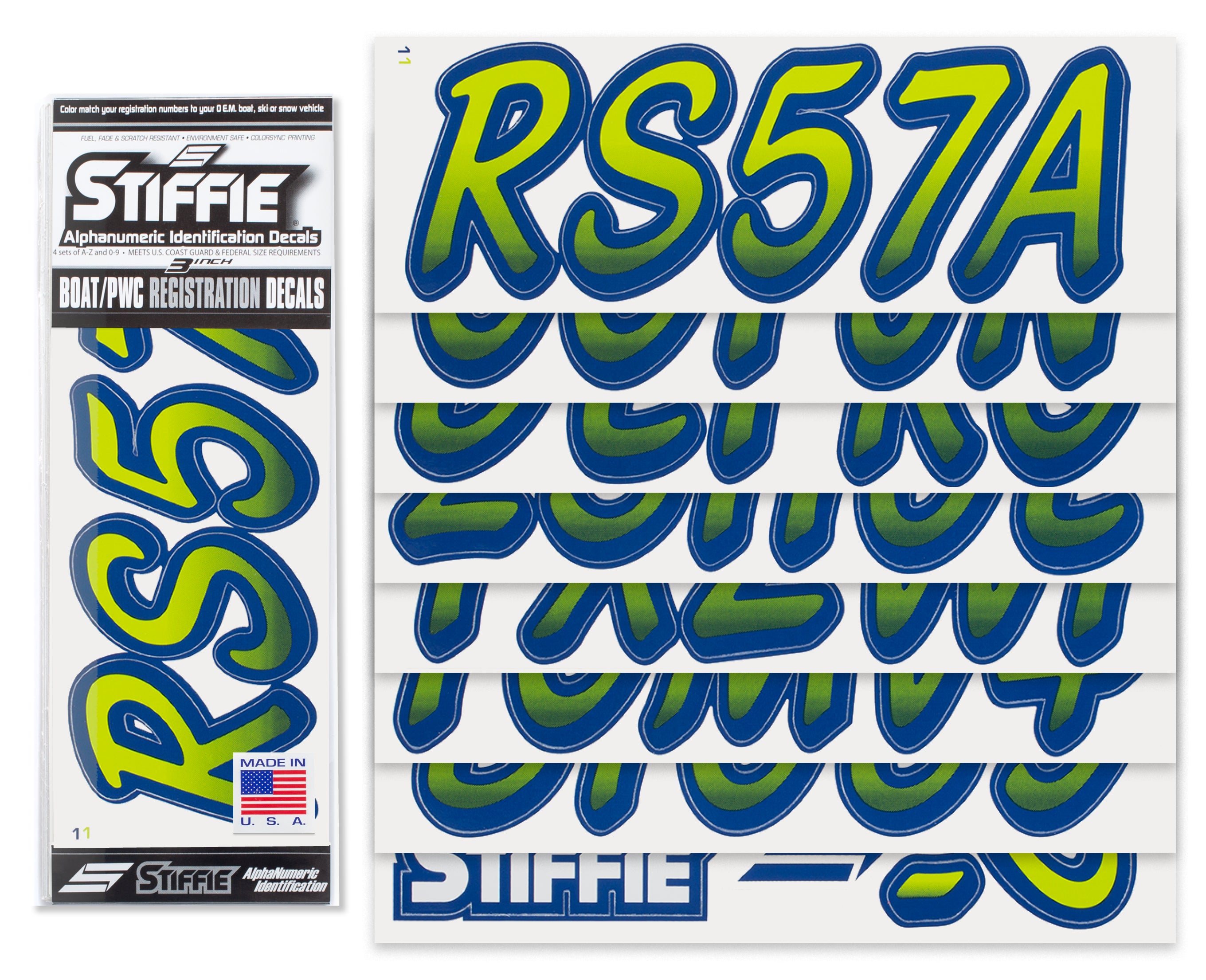 STIFFIE Whipline Atomic Green/Navy 3" Alpha-Numeric Registration Identification Numbers Stickers Decals for Boats & Personal Watercraft