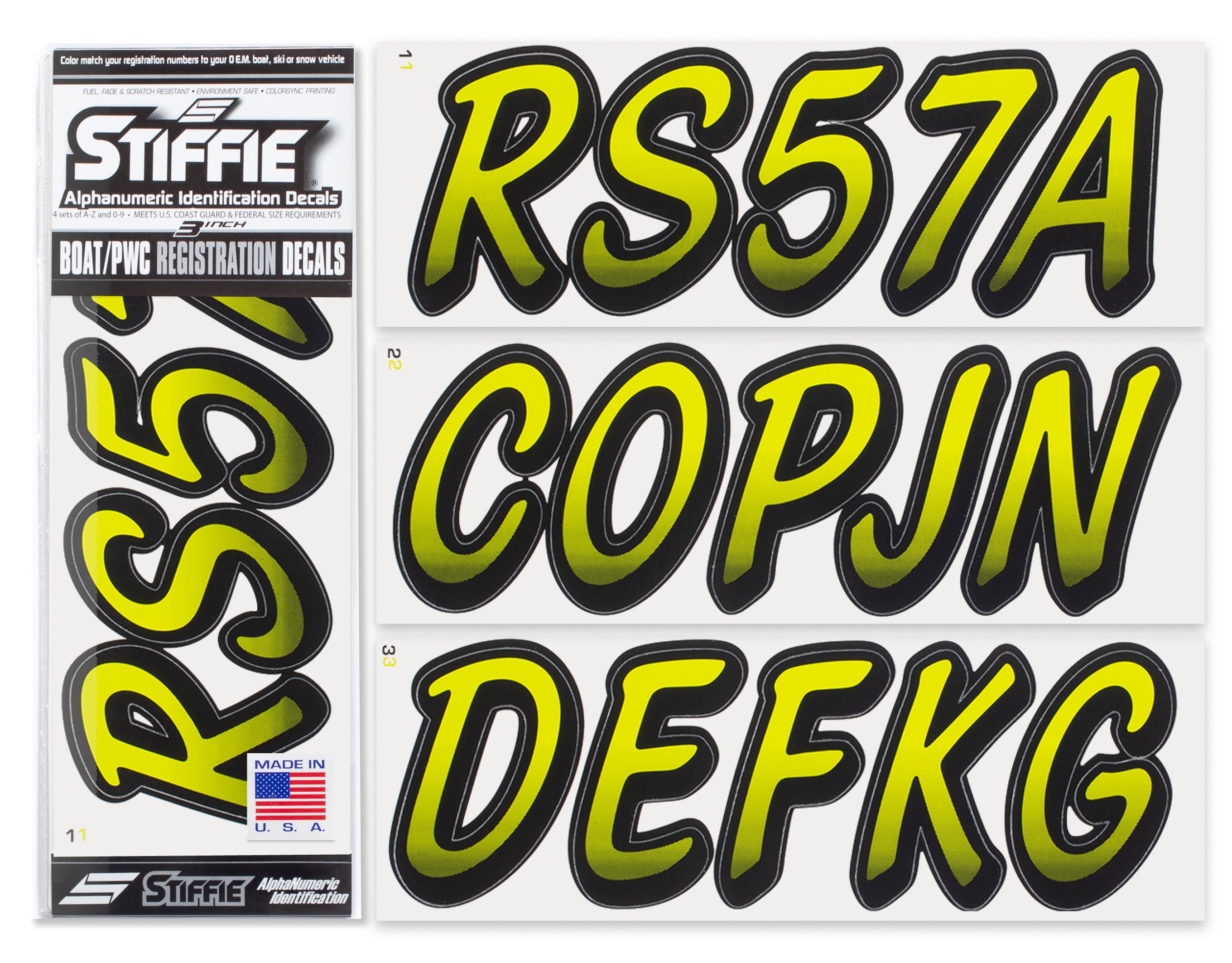 Stiffie Whipline Electric Yellow/Black 3" Alpha-Numeric Registration Identification Numbers Stickers Decals for Boats & Personal Watercraft