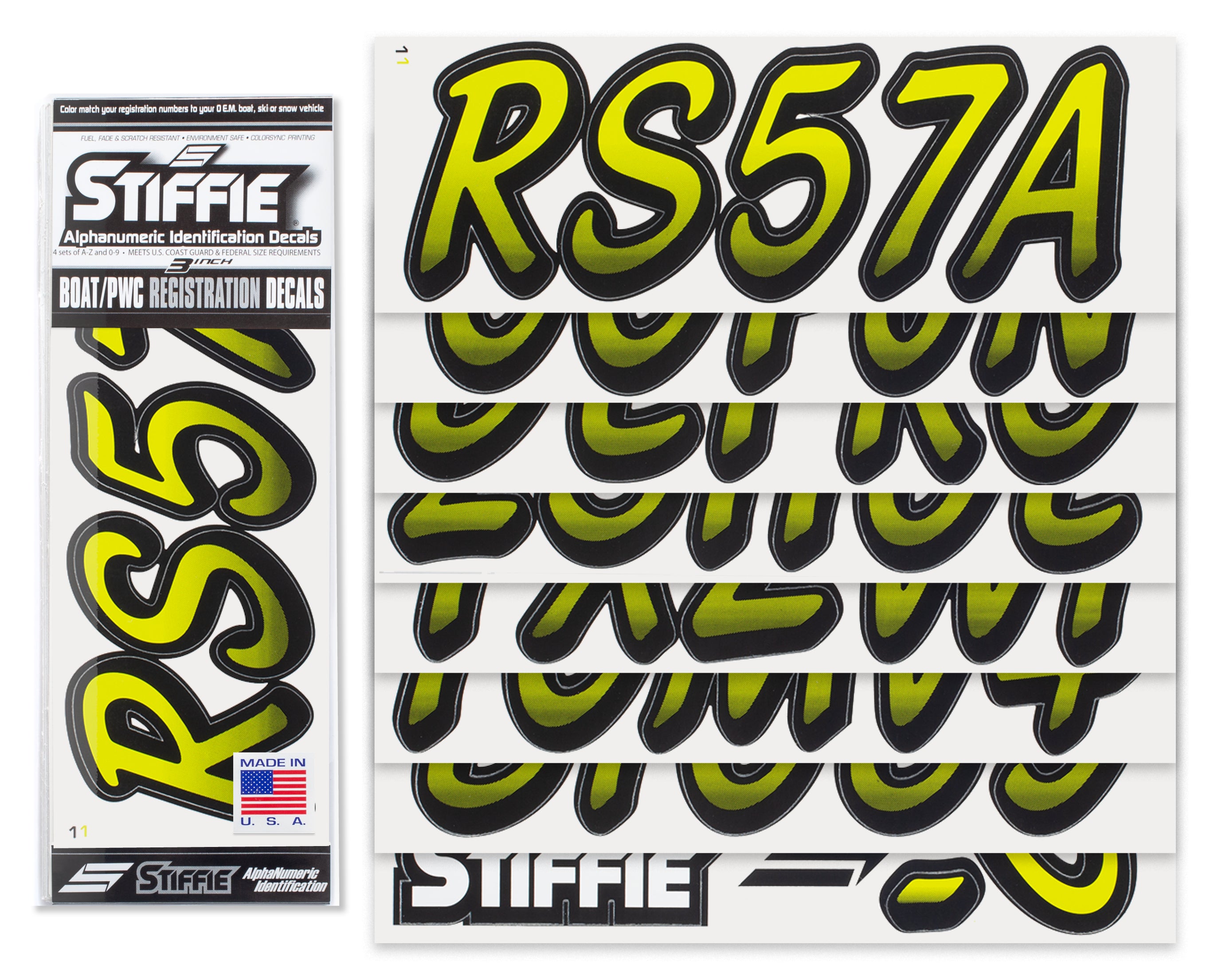 Stiffie Whipline Electric Yellow/Black 3" Alpha-Numeric Registration Identification Numbers Stickers Decals for Boats & Personal Watercraft