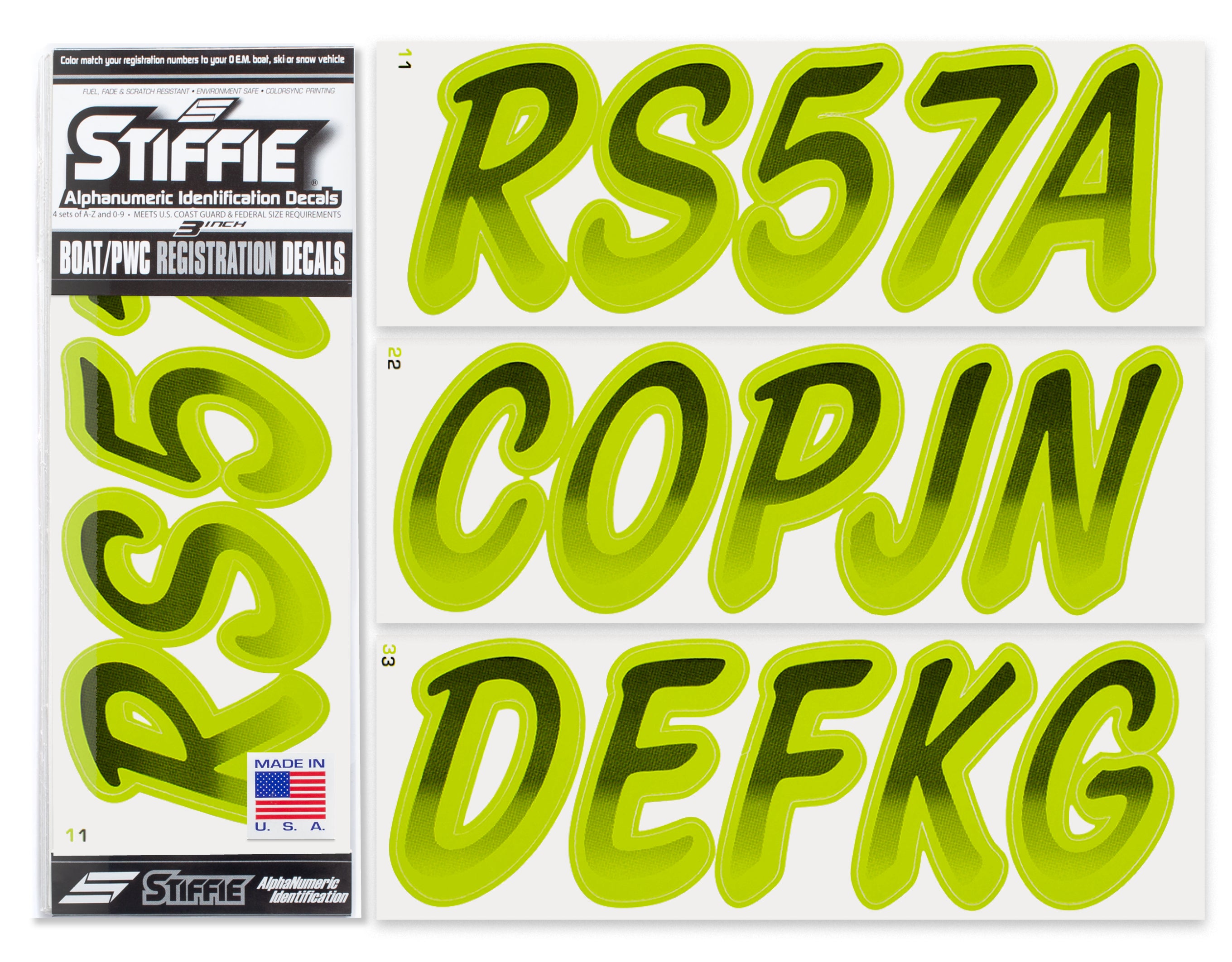 STIFFIE Whipline Black/Electric Lime 3" Alpha-Numeric Registration Identification Numbers Stickers Decals for Boats & Personal Watercraft